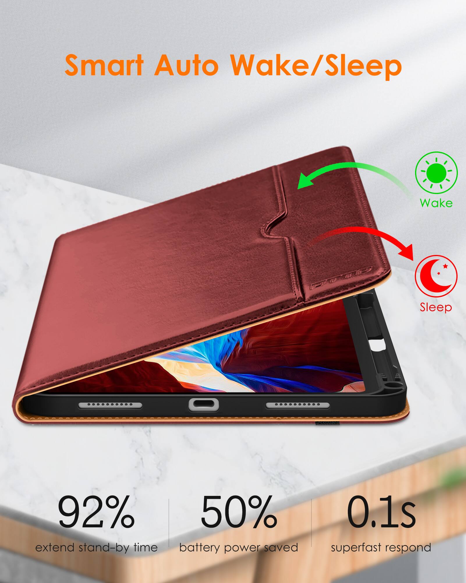 Smart Auto Wake/Sleep

- 92% extend stand-by time
- 50% battery power saved
- 0.1s superfast respond

Wake
Sleep