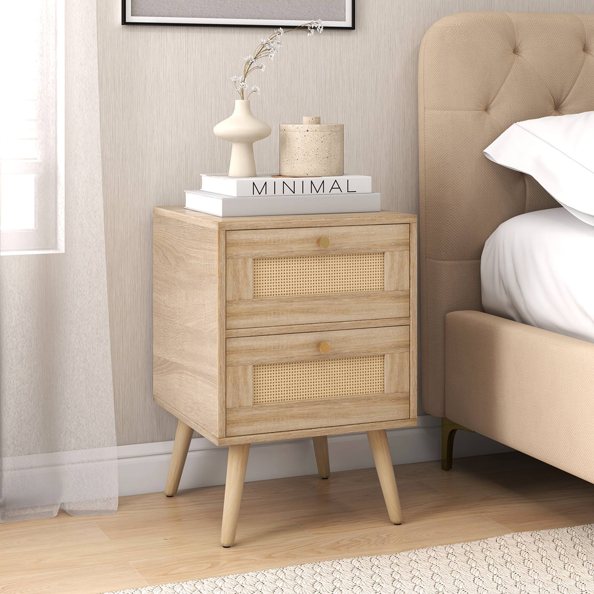 Alt View 12. Costway - 1 PCS Rattan Nightstand Boho Accent Bedside Table with 2 Storage Drawers - Natural.