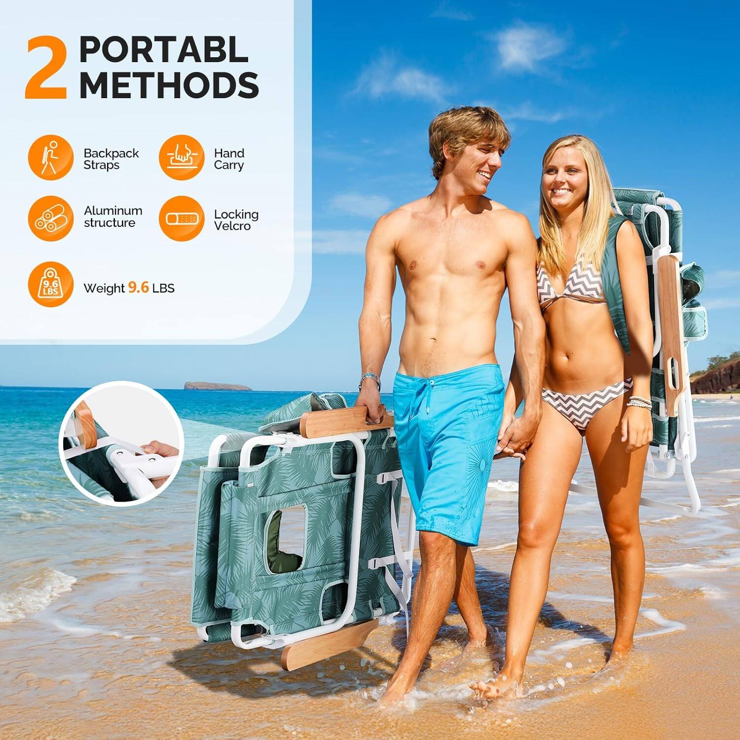 PORTABL 2 METHODS  
Backpack Straps  
Hand Carry  
Aluminum structure  
Locking Velcro  
Weight 9.6 LBS