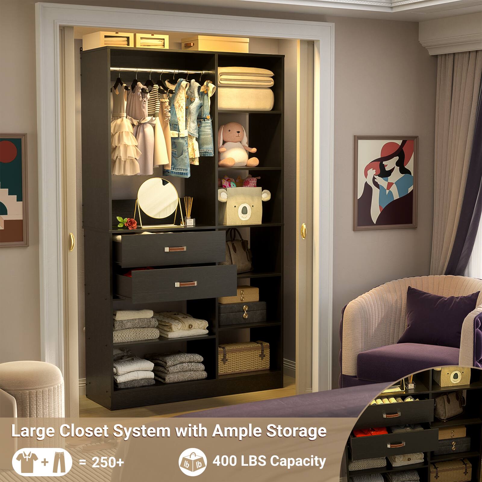 Large Closet System with Ample Storage  
= 250+ lb  
400 LBS Capacity