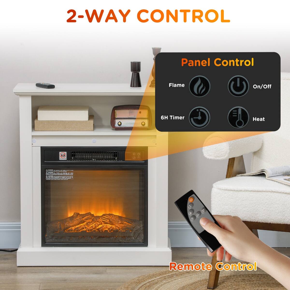 2-WAY CONTROL

Panel Control
- Flame
- On/Off
- 6H Timer
- Heat

Remote Control