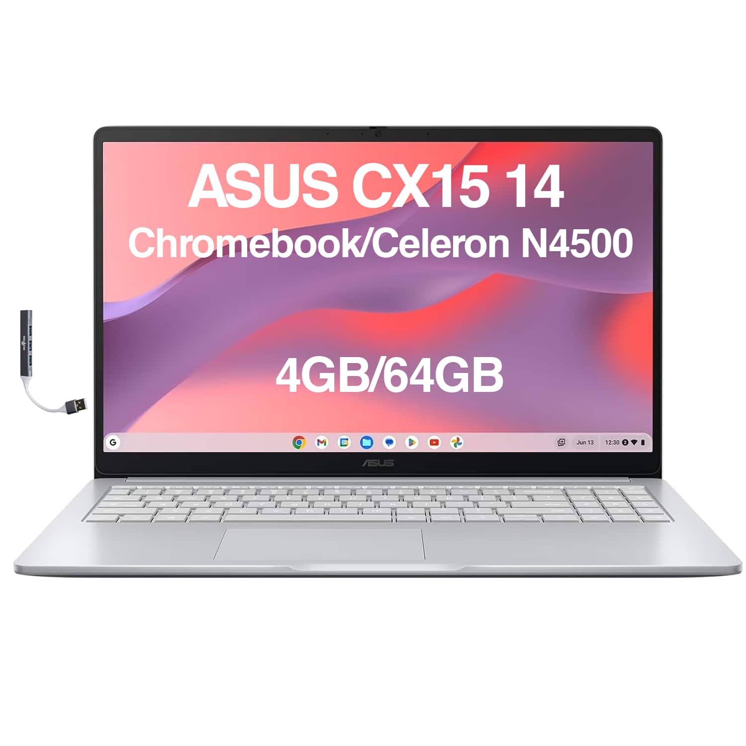 ASUS - CX14 Chromebook 14.0" IPS FHD (Celeron N4500,4GB RAM, 64GB SSD, Chrome OS)w/USB Hub - Misty Grey