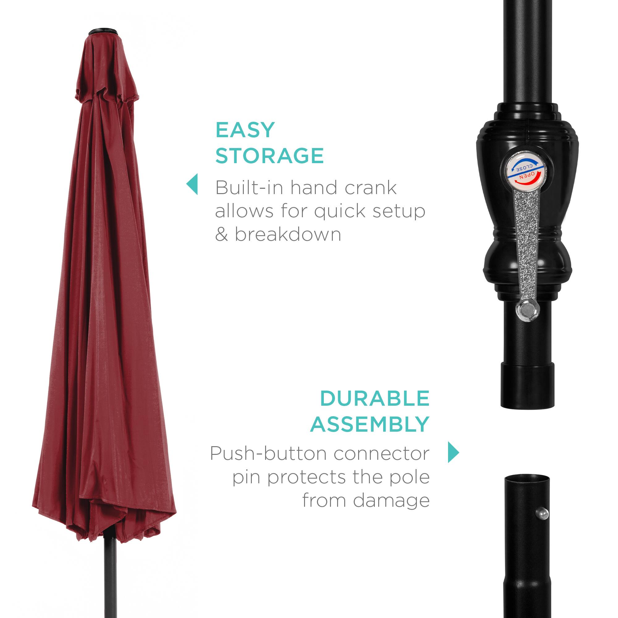 EASY STORAGE  
Built-in hand crank allows for quick setup & breakdown  

DURABLE ASSEMBLY  
Push-button connector pin protects the pole from damage