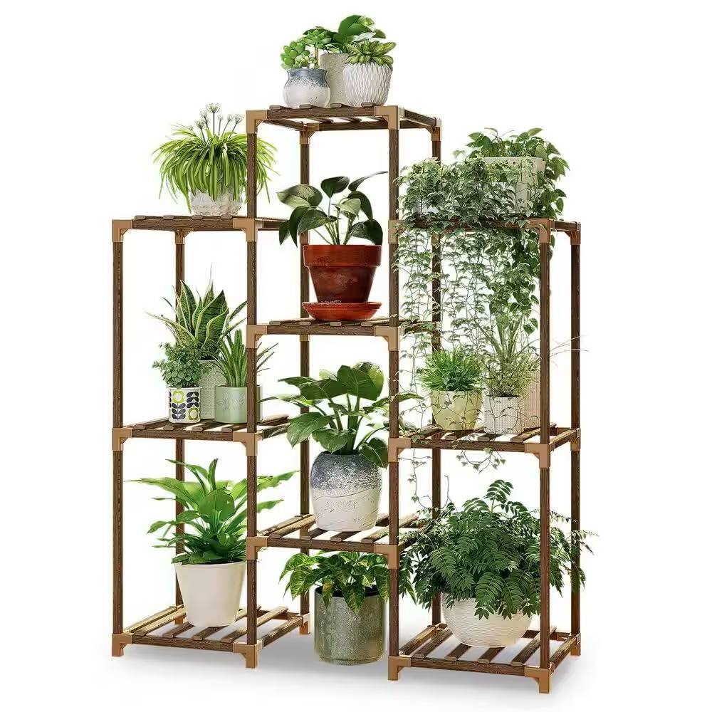 Front. SlickBlue - Indoor Wooden Bookcase Plant Stand for Up to 9 Planters - Natural.