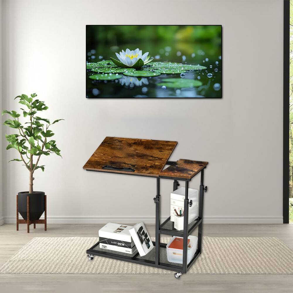 Front. Hivvago - Ergonomic C-Shaped Adjustable Side Table with Tiltable Surface and Rolling Lock Wheels - Rustic Brown.