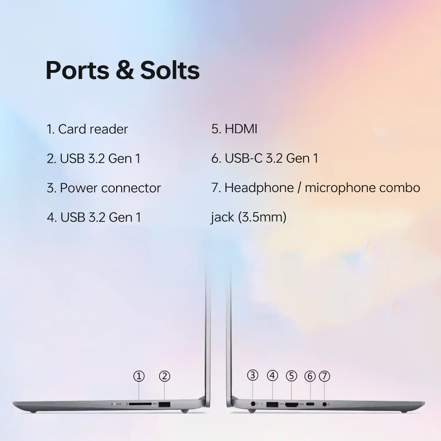 Ports & Slots

1. Card reader
2. USB 3.2 Gen 1
3. Power connector
4. USB 3.2 Gen 1
5. HDMI
6. USB-C 3.2 Gen 1
7. Headphone / microphone combo jack (3.5mm)