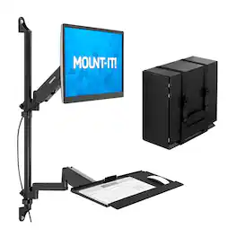 Mount-It! - Wall‑Mounted Monitor Workstation with Adjustable Height, Keyboard Tray & CPU Holder for Ergonomic Workspaces - Black