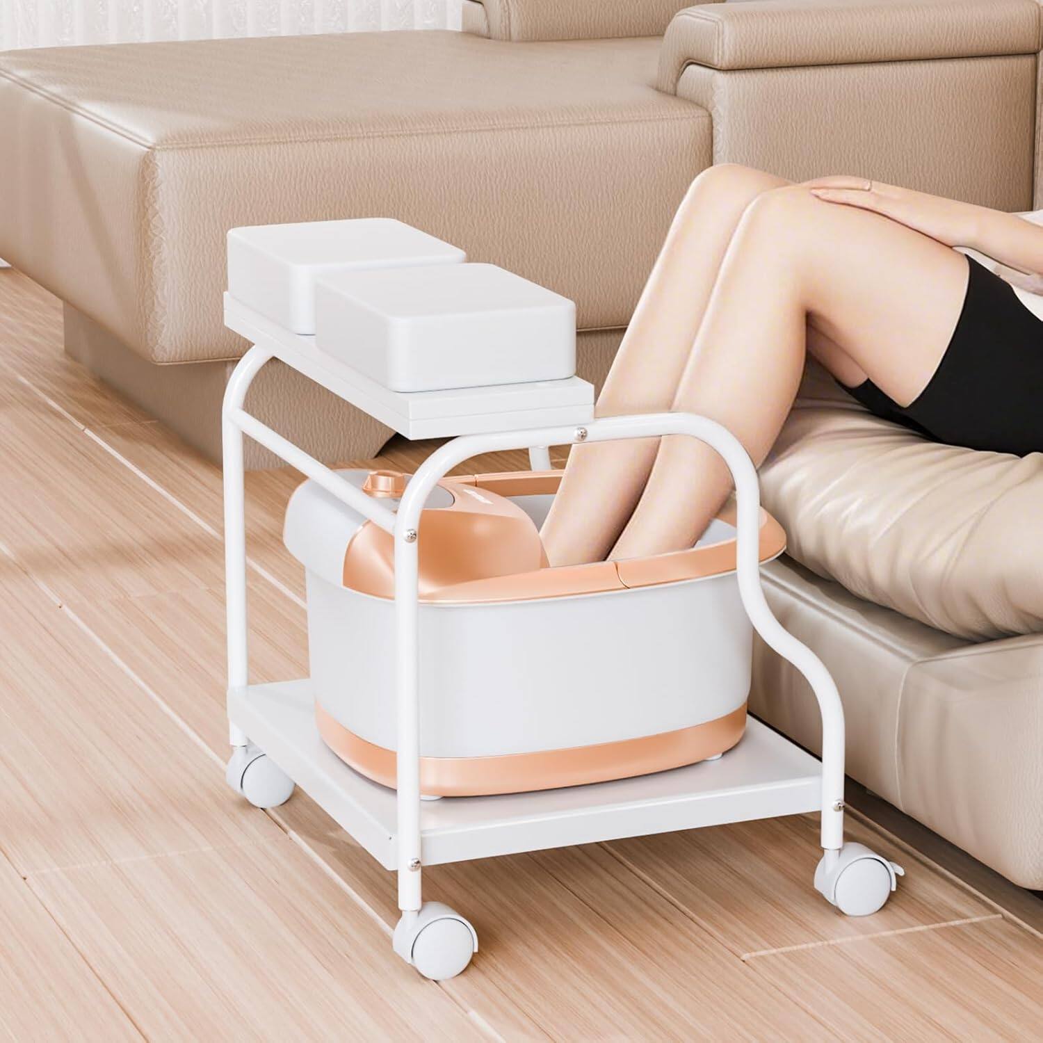 Left. Winado - Pedicure Cart Foot Bath Trolley, Portable Salon Rolling Cart, Adjustable Manicure & Foot Massage Stool with PU Cushion - White.
