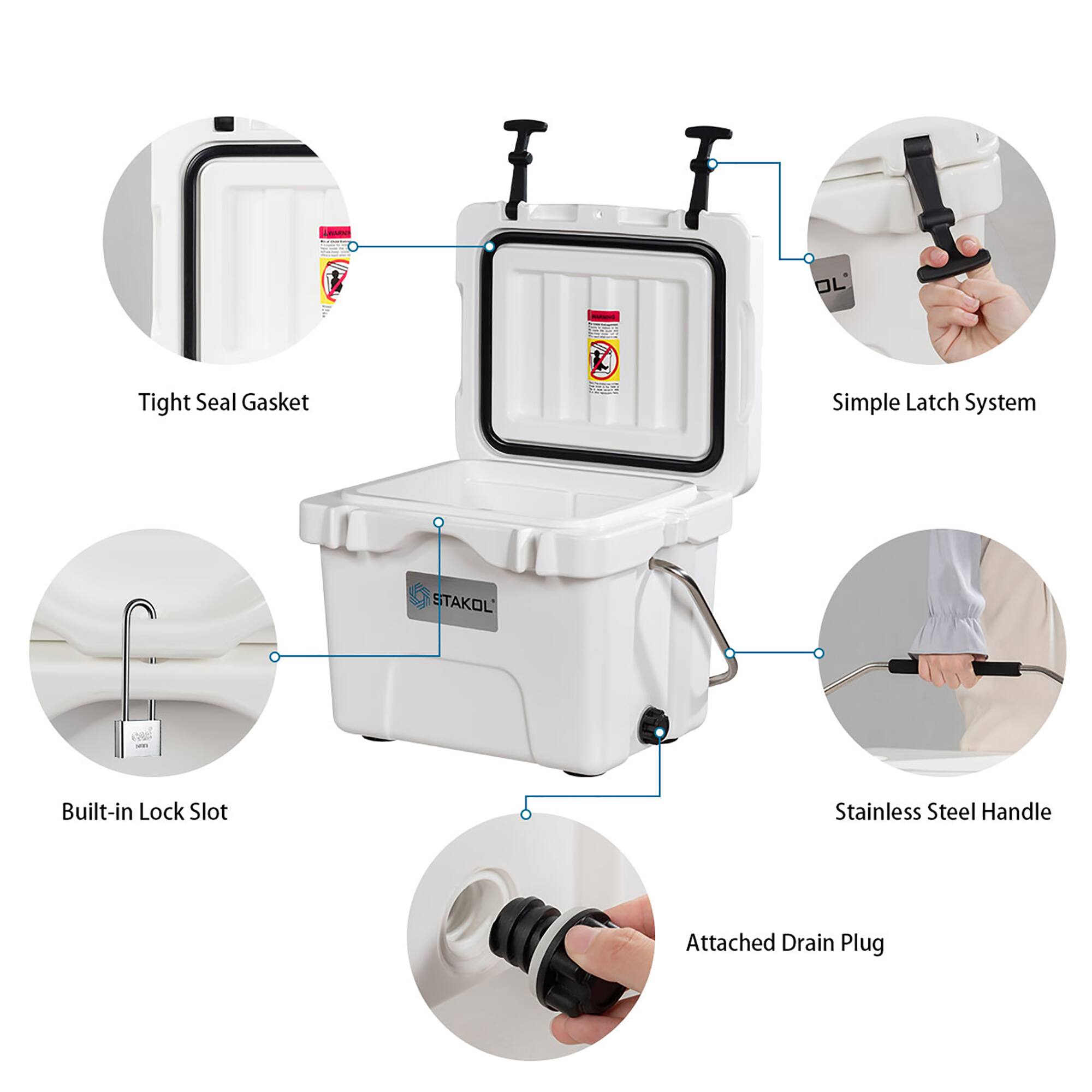 - Tight Seal Gasket
- Simple Latch System
- Built-in Lock Slot
- Stainless Steel Handle
- Attached Drain Plug