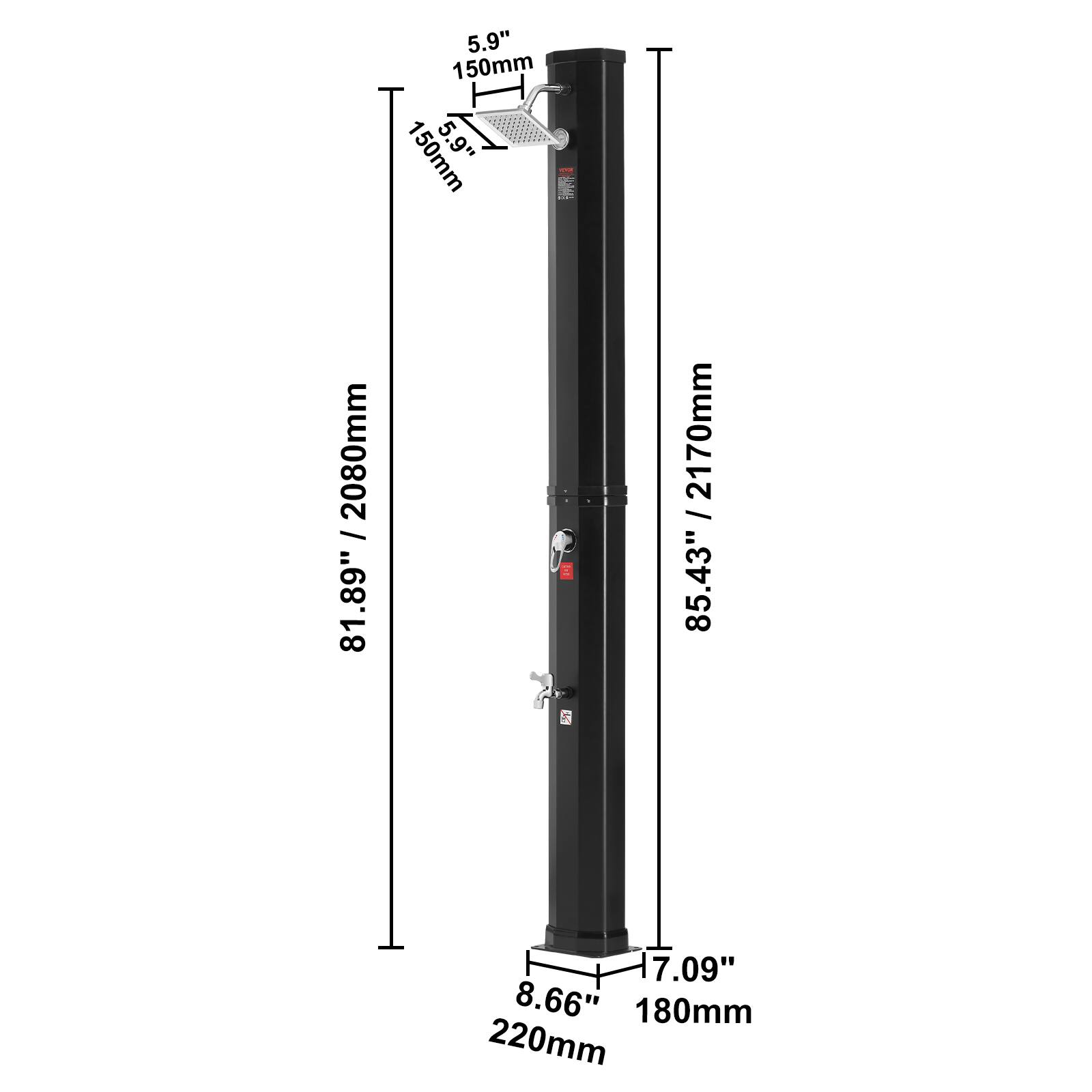 5.9" / 150mm  
150mm  
5.9" / 2080mm  
81.89" / 2080mm  
85.43" / 2170mm  
7.09" / 180mm  
8.66" / 220mm