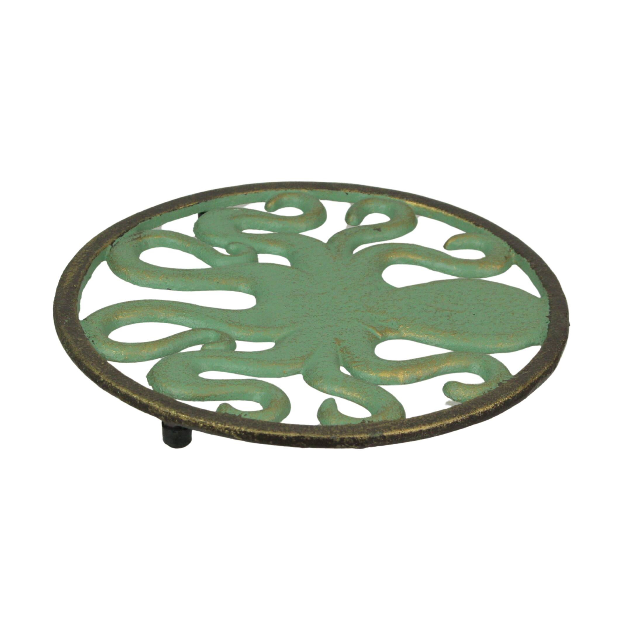 Alt View 5. Zeckos - Cast Iron Trivet Set: Nautical Octopus & Sea Turtle Design, Verdigris Finish - Green.