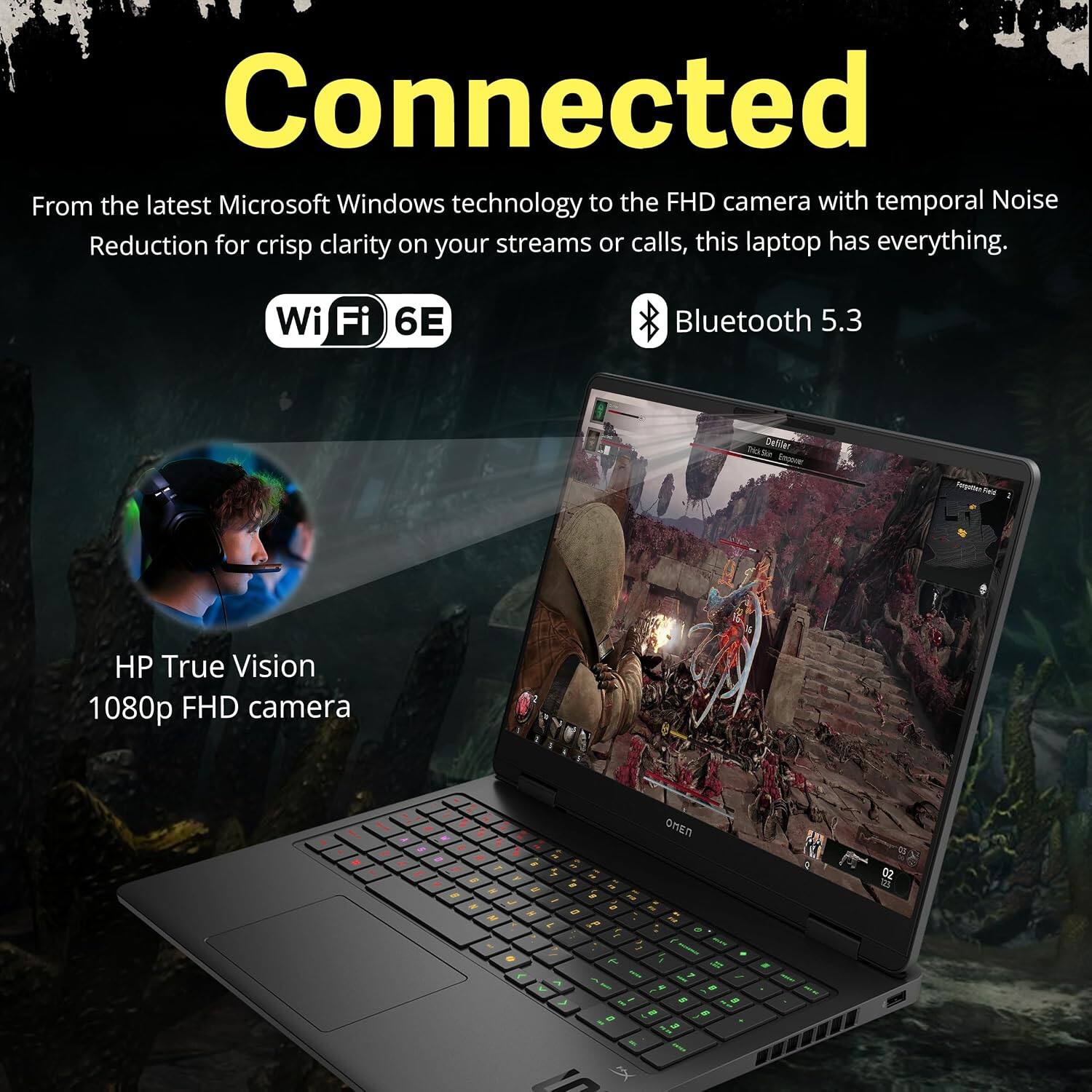 Connected

From the latest Microsoft Windows technology to the FHD camera with temporal Noise Reduction for crisp clarity on your streams or calls, this laptop has everything.

Wi-Fi 6E

Bluetooth 5.3

HP True Vision 1080p FHD camera