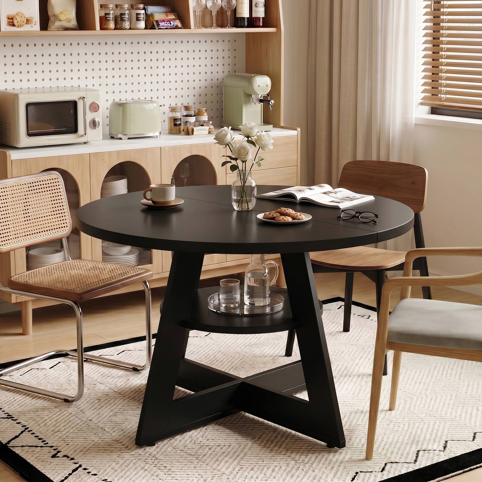 Back. Bestier - Modern Dining Table with Built-in Storage, Stable Triangular Base, Metal-Accented Legs - Black.