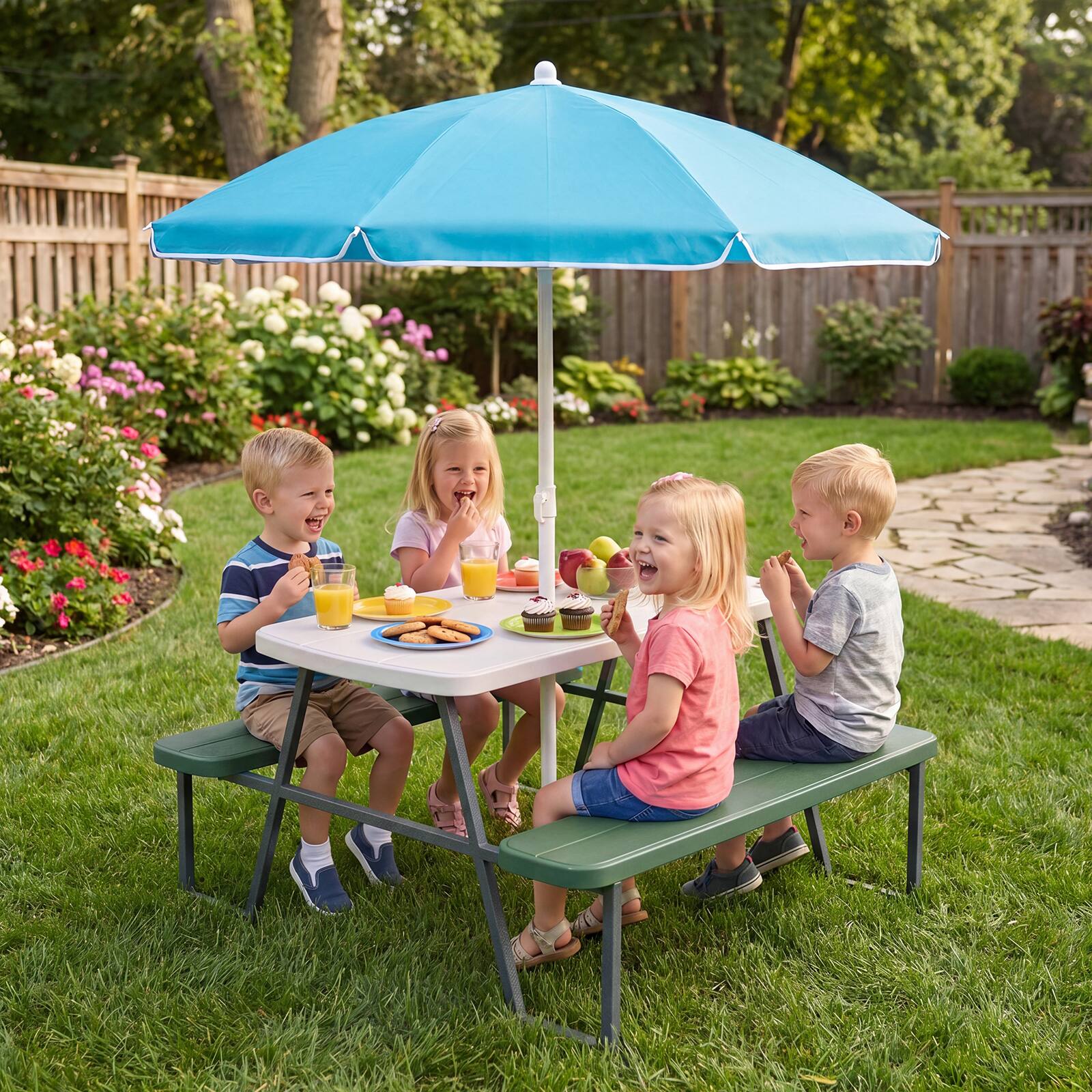 Alt View 1. Costway - Costway Kids Picnic Table with Benches Removable Adjustable Umbrella Metal Frame for Patio - Green.