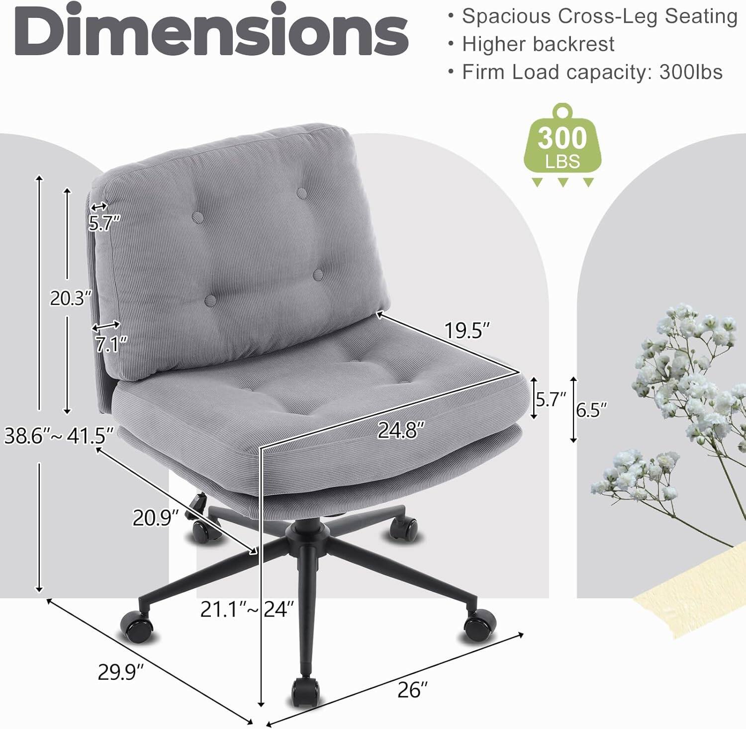 Spacious Cross-Leg Seating  
Higher backrest  
Firm Load capacity: 300lbs  

Dimensions:  
- 5.7"  
- 20.3"  
- 7.1"  
- 19.5"  
- 38.6" ~ 41.5"  
- 24.8"  
- 5.7"  
- 6.5"  
- 20.9"  
- 21.1" ~ 24"  
- 29.9"  
- 26"