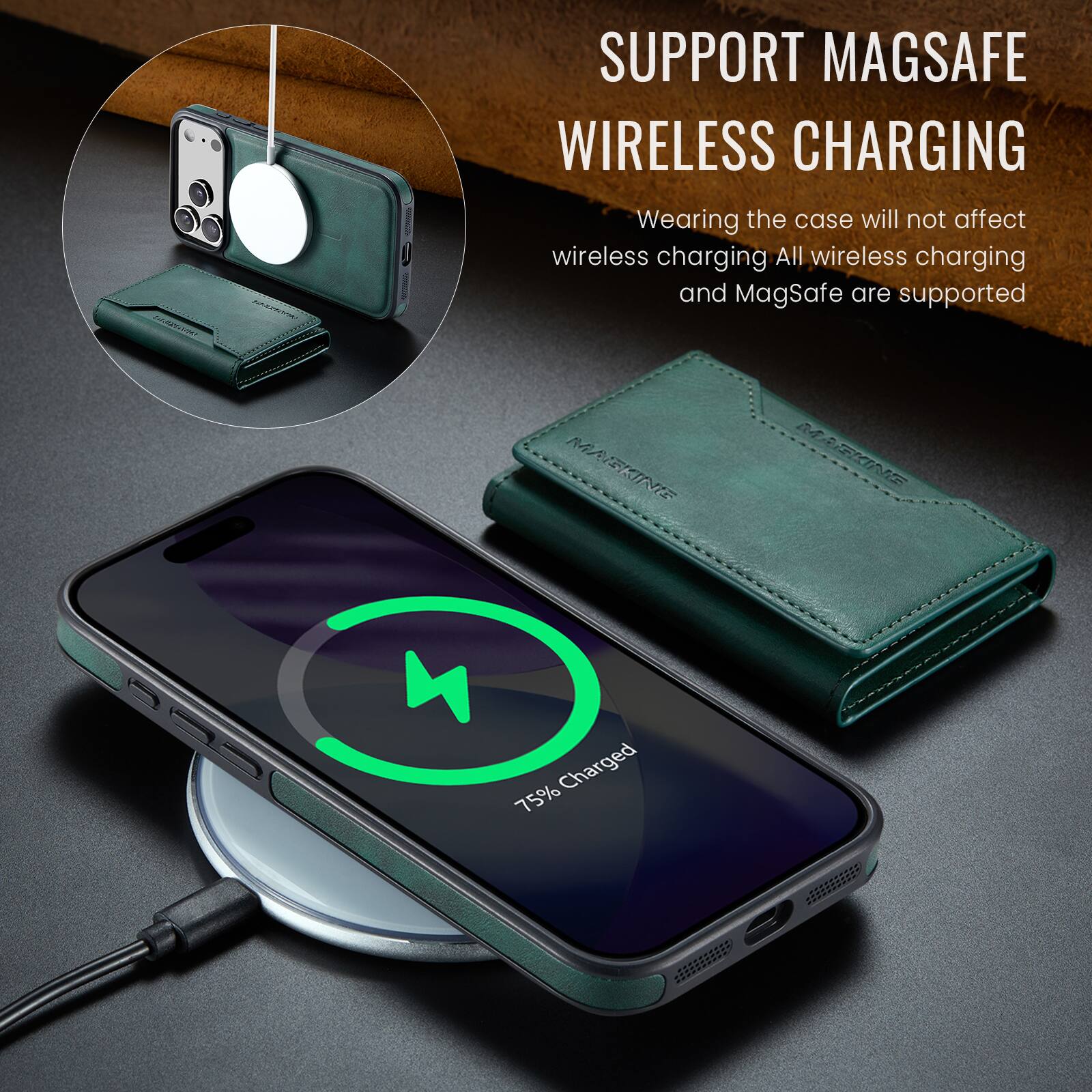 SUPPORT MAGSAFE WIRELESS CHARGING  
Wearing the case will not affect wireless charging. All wireless charging and MagSafe are supported.  
75% Charged