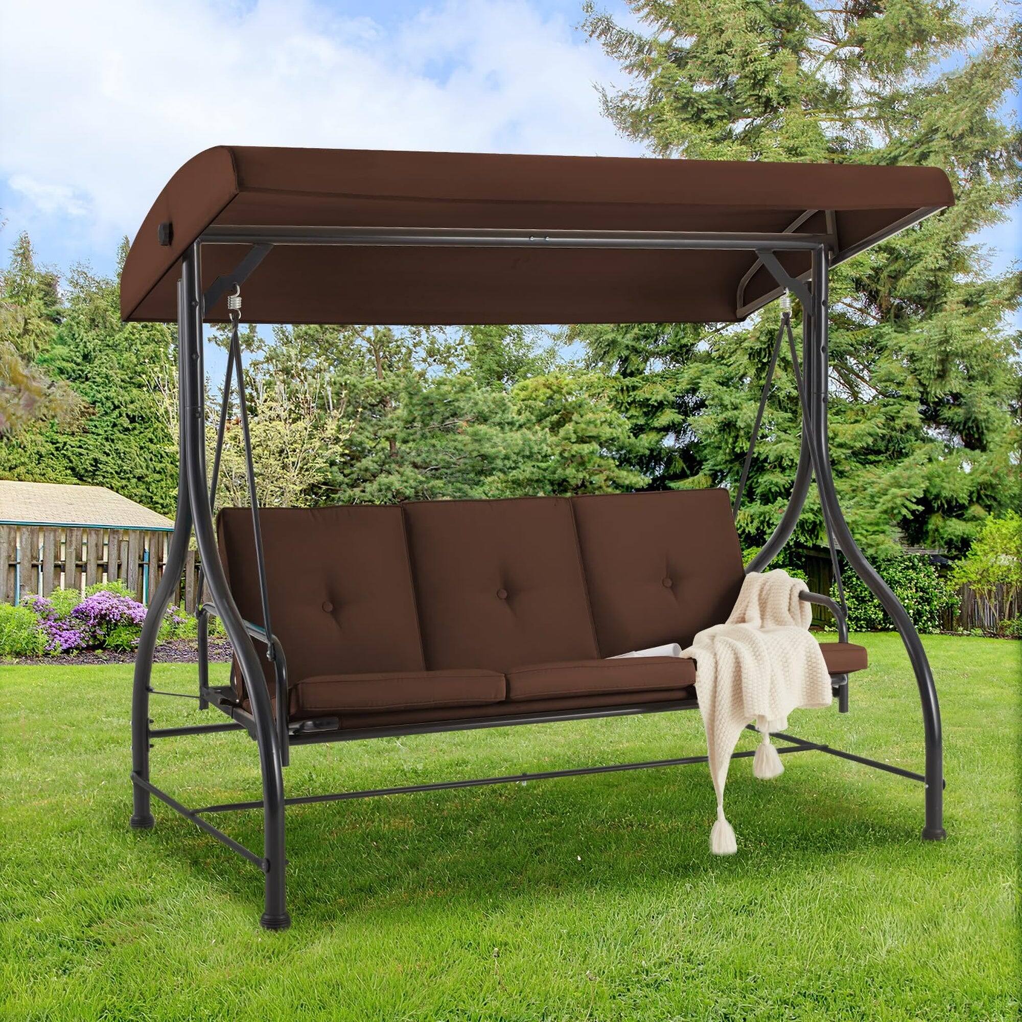 Alt View 3. Boyel Living - 3 Person Metal Patio Swing Chair Outdoor Porch Swing for Garden Backyard Deck - Brown.