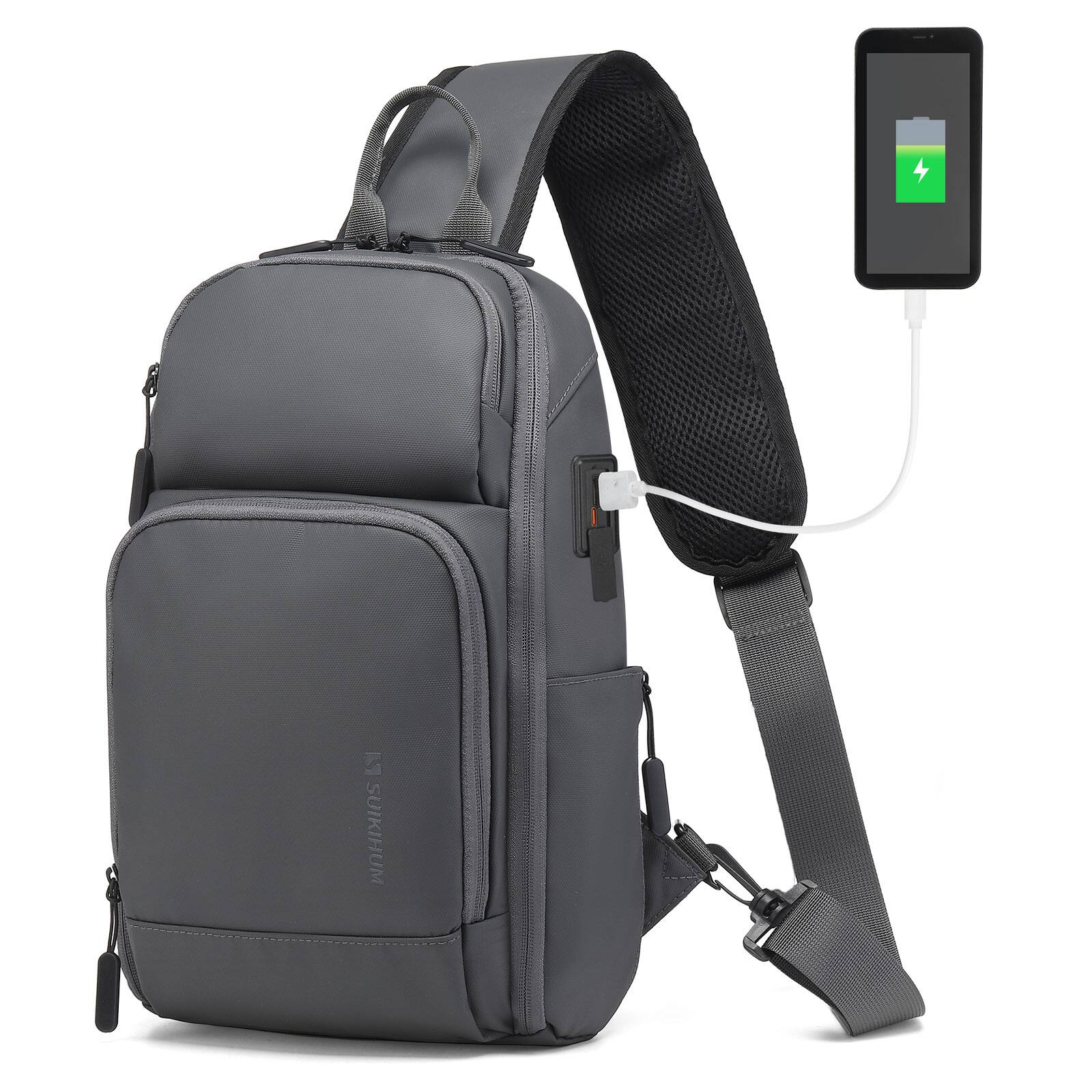 Unique Bargains - Men's Sling Bag Convertible Anti Theft Sling Backpack 11" One Shoulder Crossbody Backpack with USB Charging Port - Dark Gray
