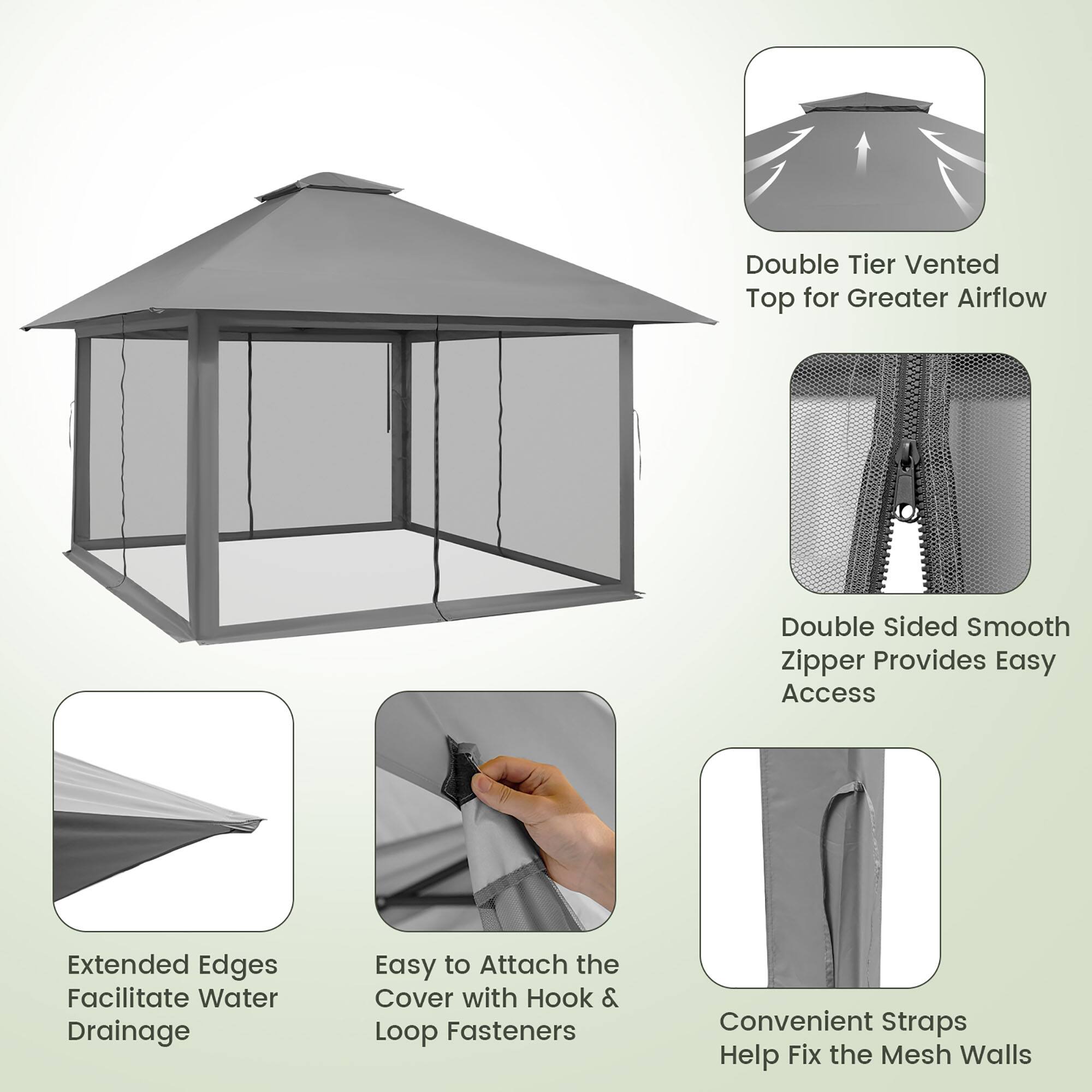 Here is the corrected and grouped text:

- **Double Tier Vented Top for Greater Airflow**
- **Double Sided Smooth Zipper Provides Easy Access**
- **Extended Edges Facilitate Water Drainage**
- **Easy to Attach the Cover with Hook & Loop Fasteners**
- **Convenient Straps Help Fix the Mesh Walls**