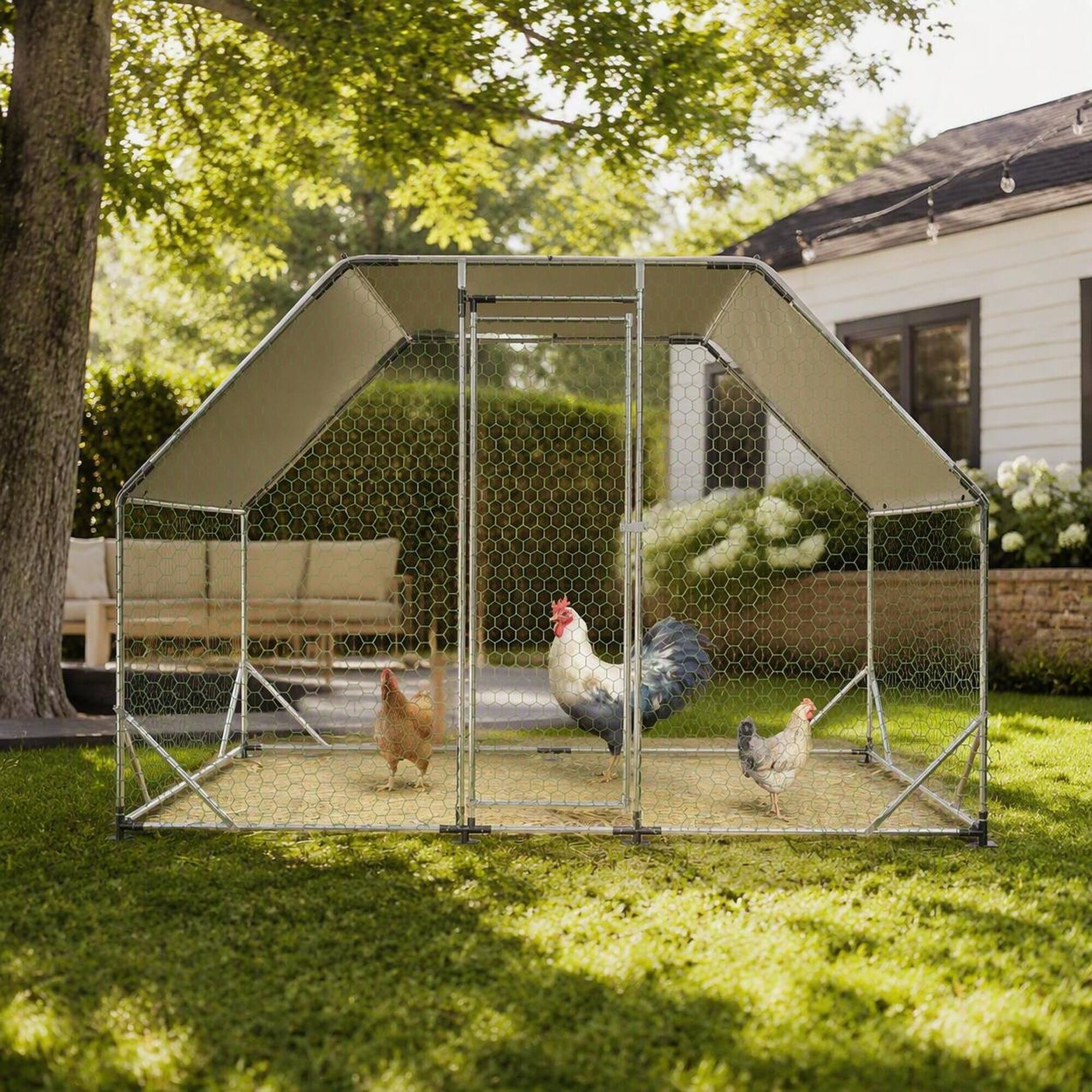 Left. RYHNUYNE - Walk-in Chicken Coop, Galvanized Metal Poultry Cage Run with Waterproof Cover, UV-Resistant Tarp & Secure Lockable Door.