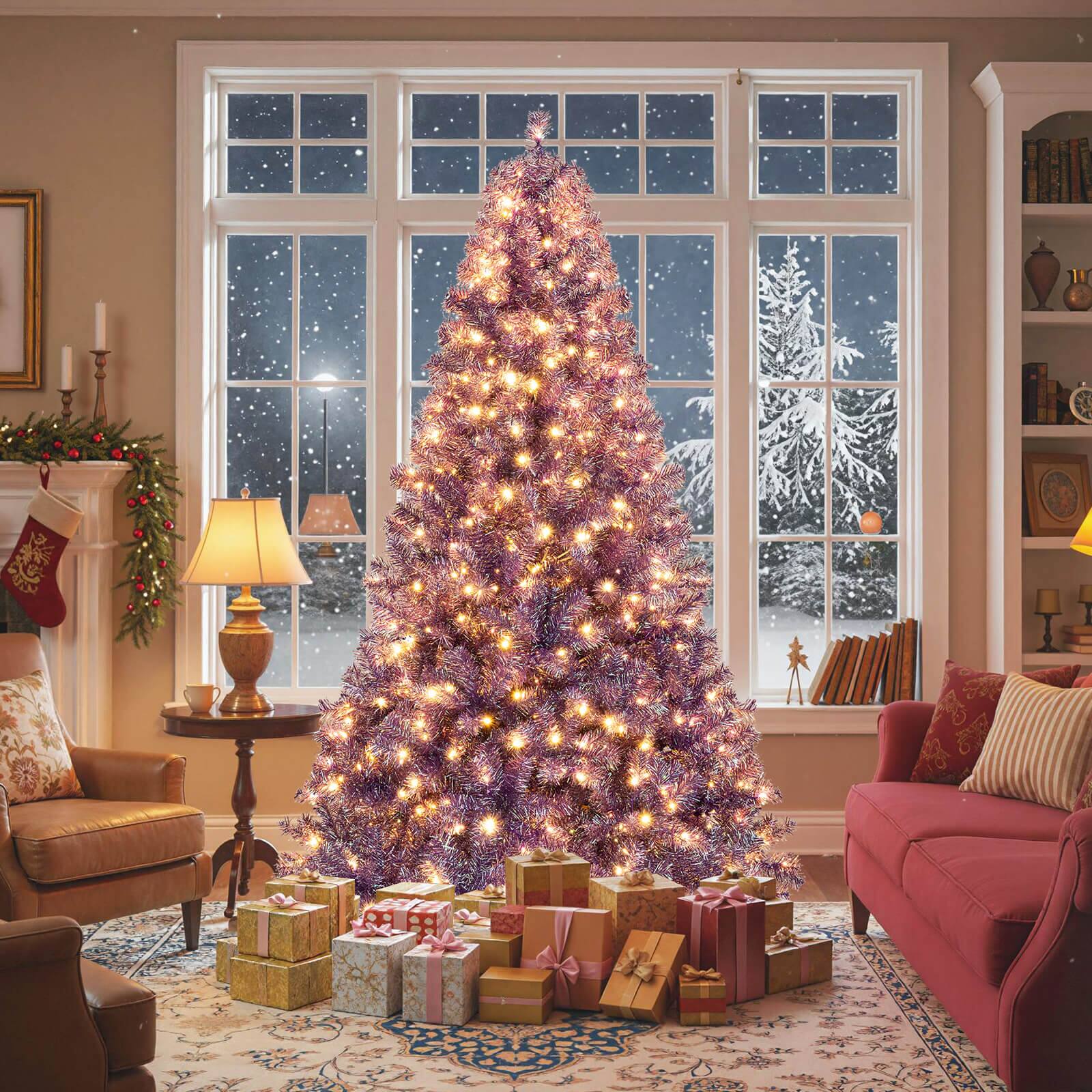 Front. Costway - Costway 7.5 FT Artificial Tinsel Christmas Tree with 550 Lights, 8 Modes, 1300 Branch Tips Deep Purple - Deep Purple.
