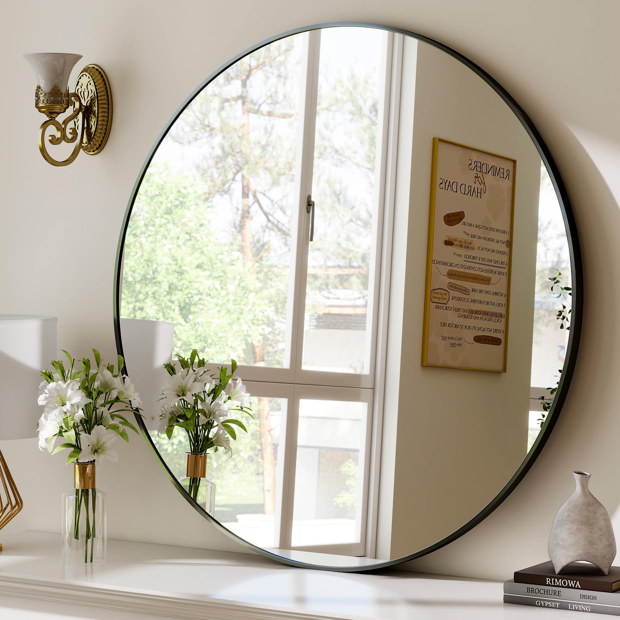 Easly - 24 in. W x 24 in. H Round Aluminum Alloy Frame Vanity Wall Mirror - Black