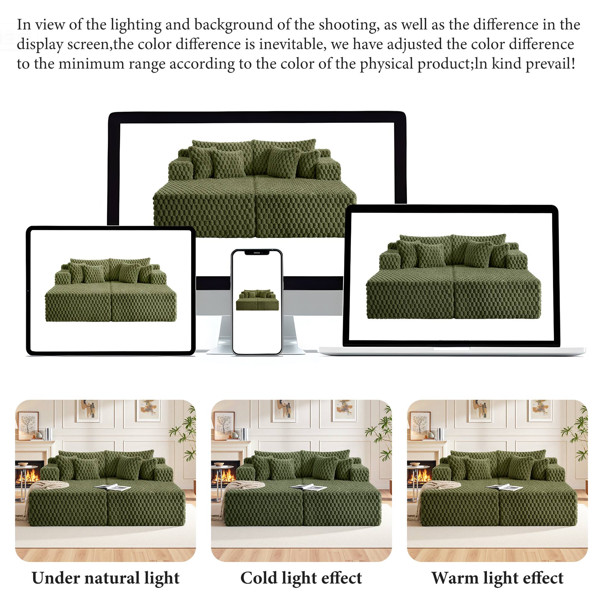 In view of the lighting and background of the shooting, as well as the difference in the display screen, the color difference is inevitable. We have adjusted the color difference to the minimum range according to the color of the physical product; in kind prevail!

Under natural light  
Cold light effect  
Warm light effect