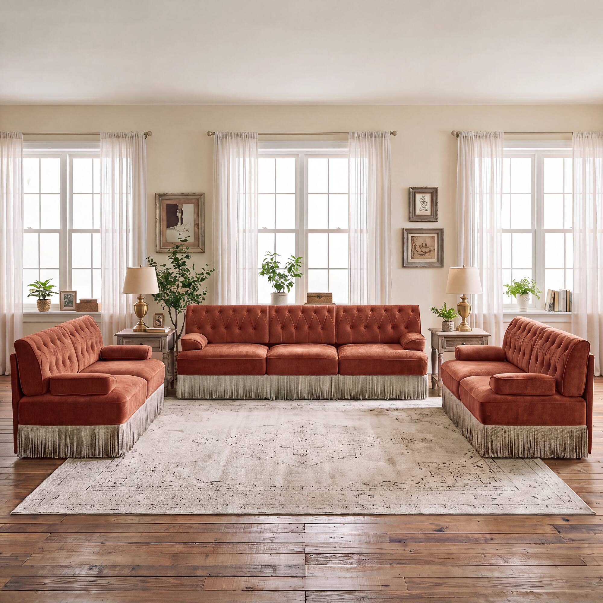 Angle. Anysun - Chesterfield Upholstered 3‑Piece Sofa Set, 2Pcs 2-Seater & 1Pc 3-Seater Button-Tufted Velvet Couch with Tassel Skirt - Red+Brown.