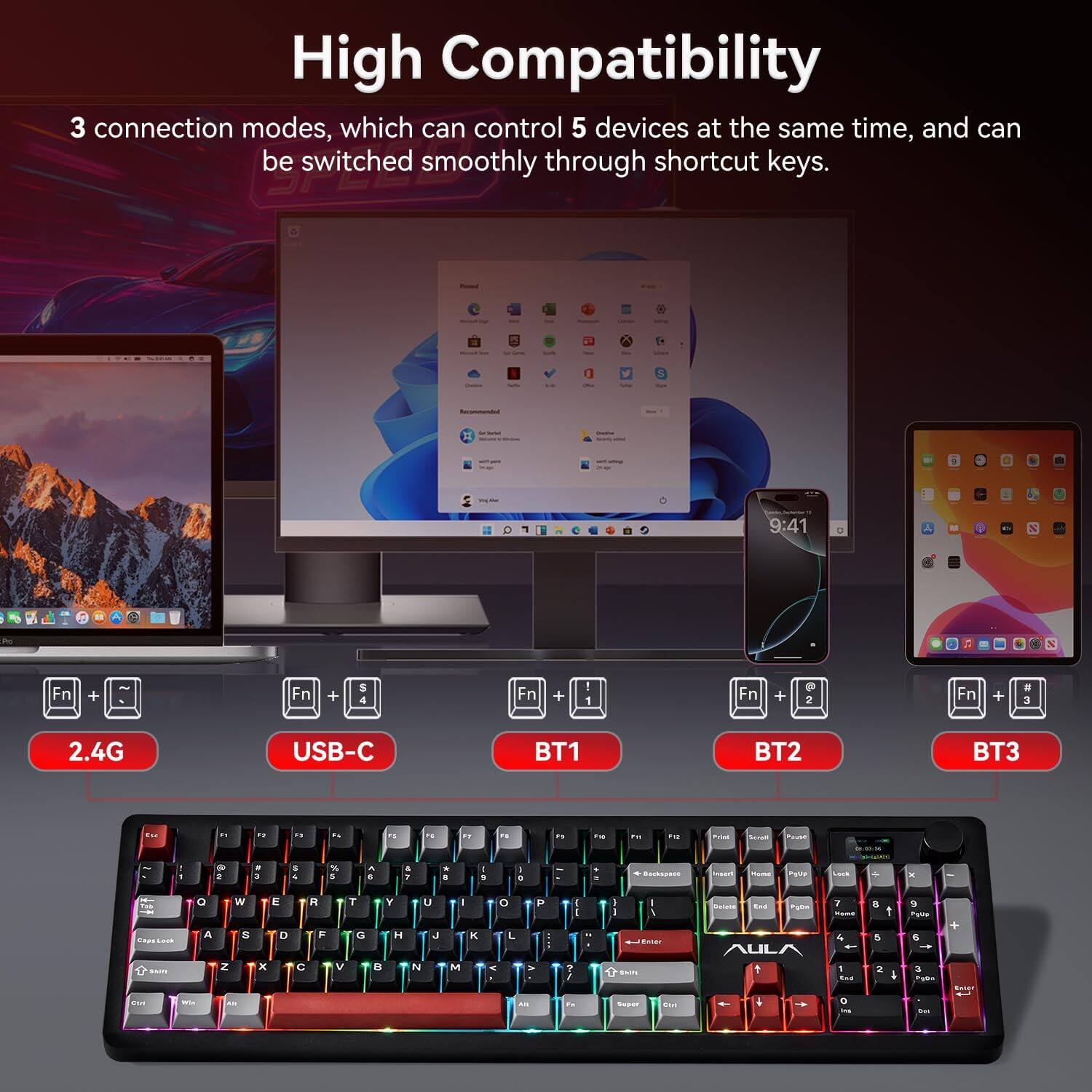 High Compatibility

3 connection modes, which can control 5 devices at the same time, and can be switched smoothly through shortcut keys.

2.4G USB-C BT1 BT2 BT3