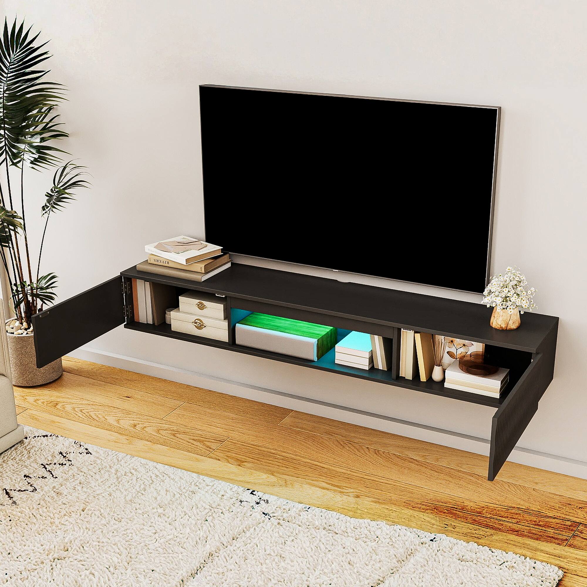 Angle. Kadyn - Wall-Mounted Floating TV Stand with LED Lighting and Twisted Texture Design - Black.