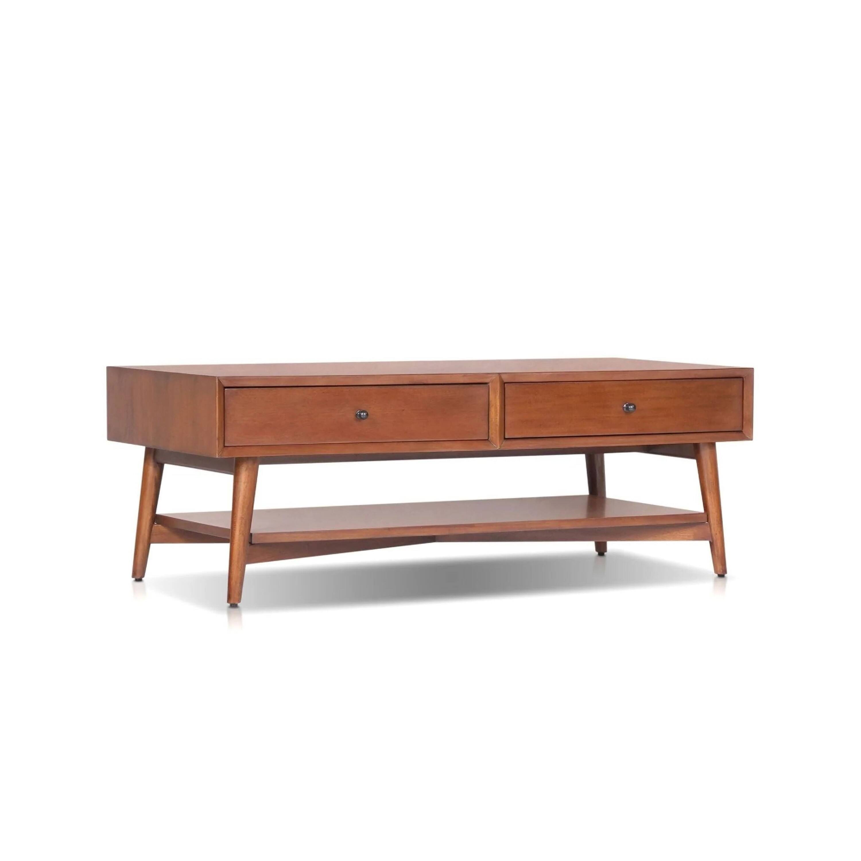 Front. Manhattan Lane - Ian Coffee Table, 2 Drawers and Shelf, 48 Inch Rectangular - Chestnut Brown, Nickel.