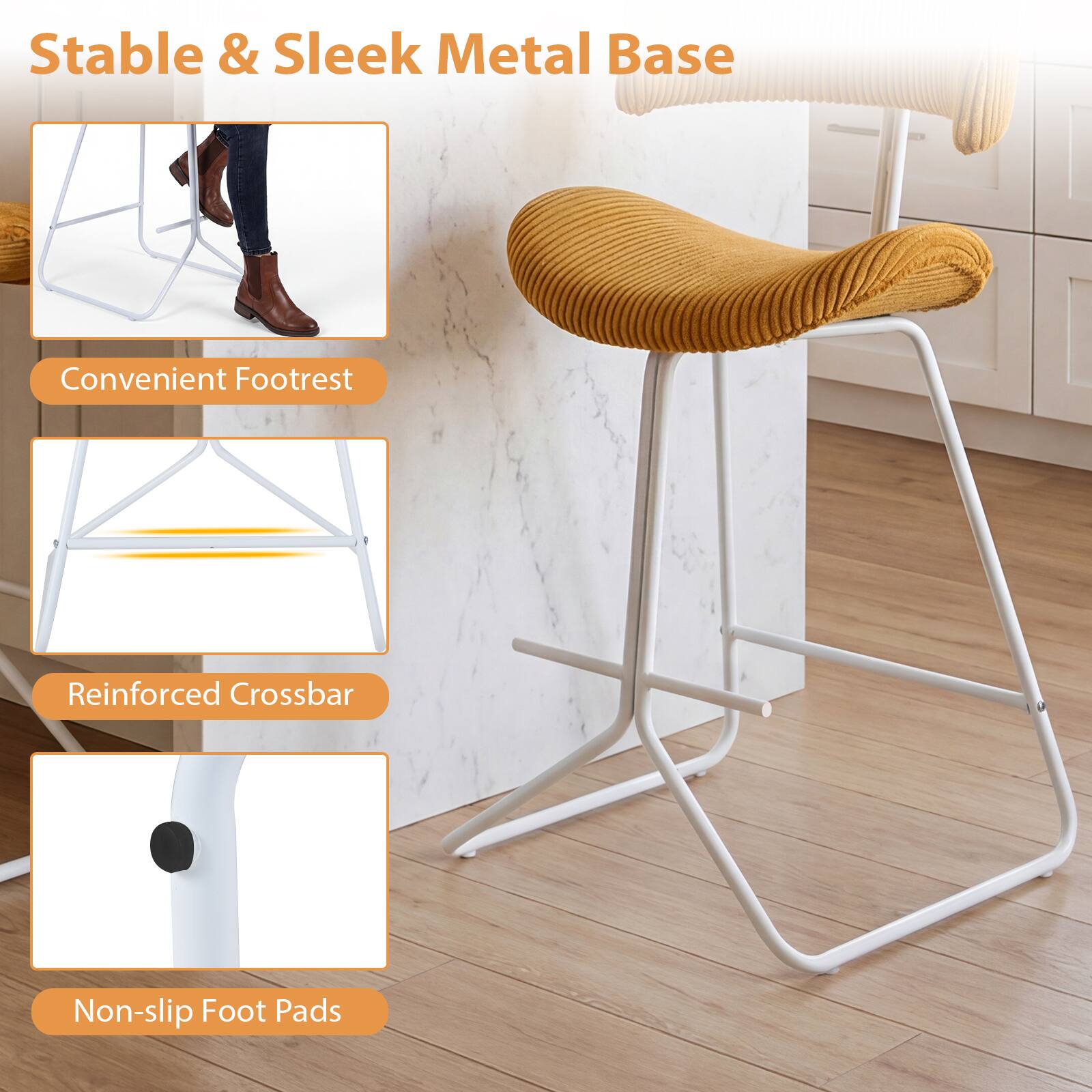 Stable & Sleek Metal Base

- Convenient Footrest
- Reinforced Crossbar
- Non-slip Foot Pads