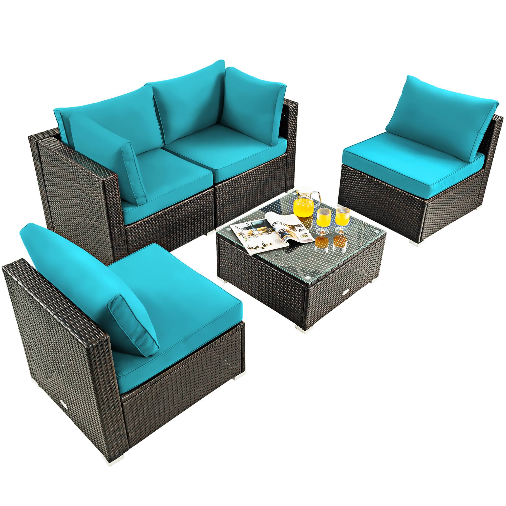 Angle. Costway - 5PCS Patio Rattan Furniture Set Cushioned Sofa Chair Tea Table - Turquoise.