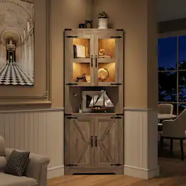 Jojoka - 67" Tall Farmhouse Corner Cabinet with LED Lights, Glass Doors & Adjustable Shelves - Gray
