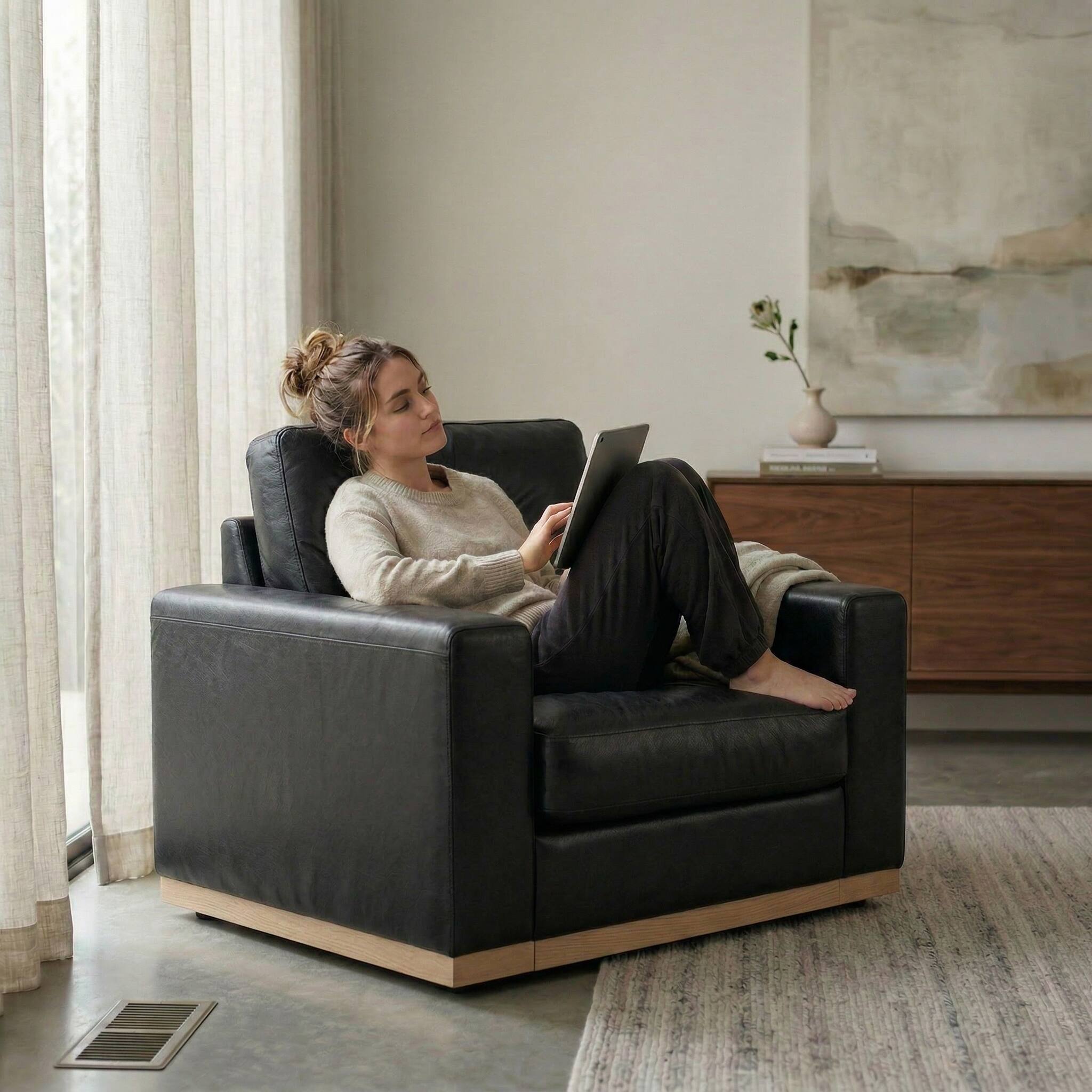 Back. Dyonery - Dyonery 42" Modern Single Sofa ,Deep Seat Modular Couch,Solid Wood Frame,Spring Cushions,Easy Assembly,Green,PU Black - Black Faux Leather.