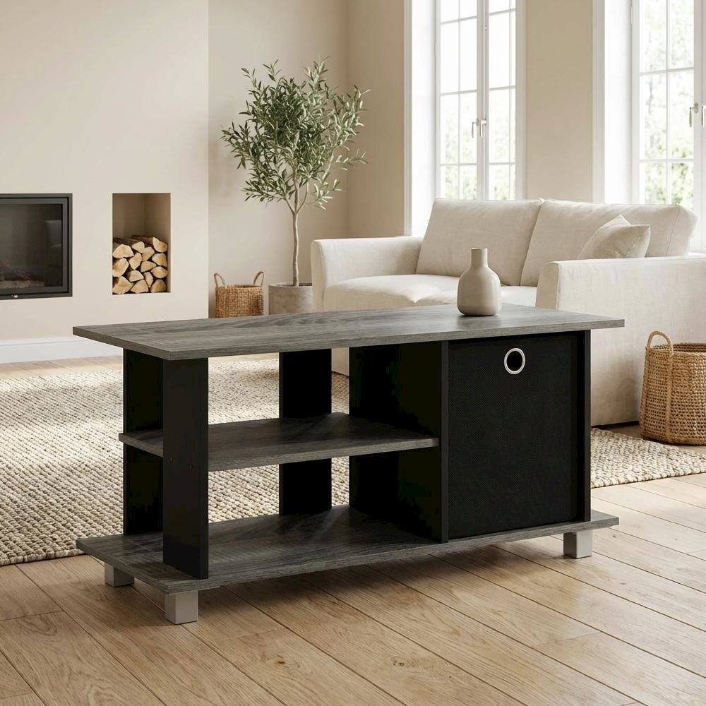 Alt View 2. FurniFact - Large TV stand, up to 50-inch TV, storage bin, black composite wood - Black.
