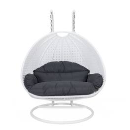 LeisureMod - Modern 2-Person Outdoor Egg Swing White Wicker Chair with Stand, Plush Washable Cushions & Waterproof Cover - Black
