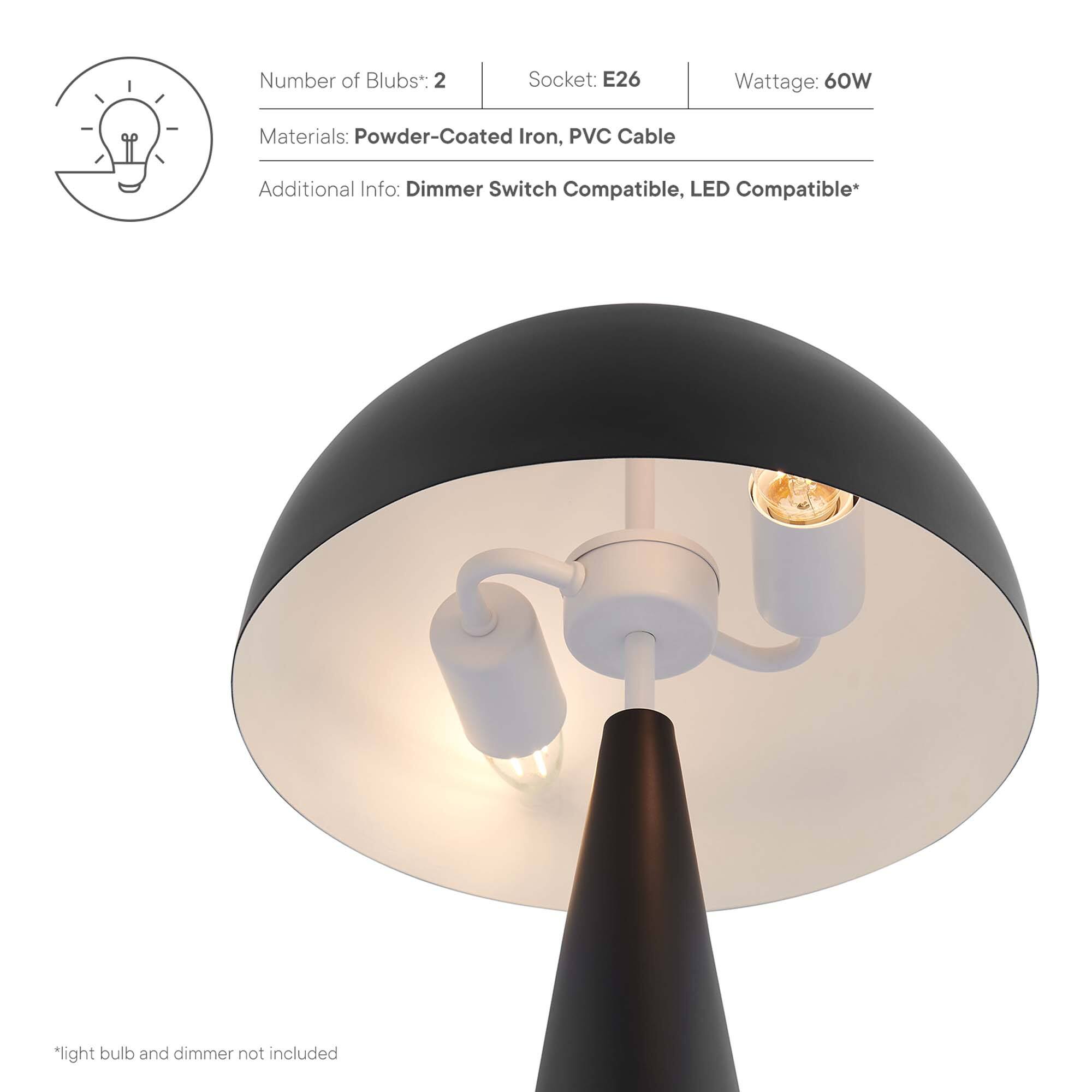 Number of Blubs*: 2  
Socket: E26  
Wattage: 60W  

Materials: Powder-Coated Iron, PVC Cable  

Additional Info: Dimmer Switch Compatible, LED Compatible*  

*light bulb and dimmer not included