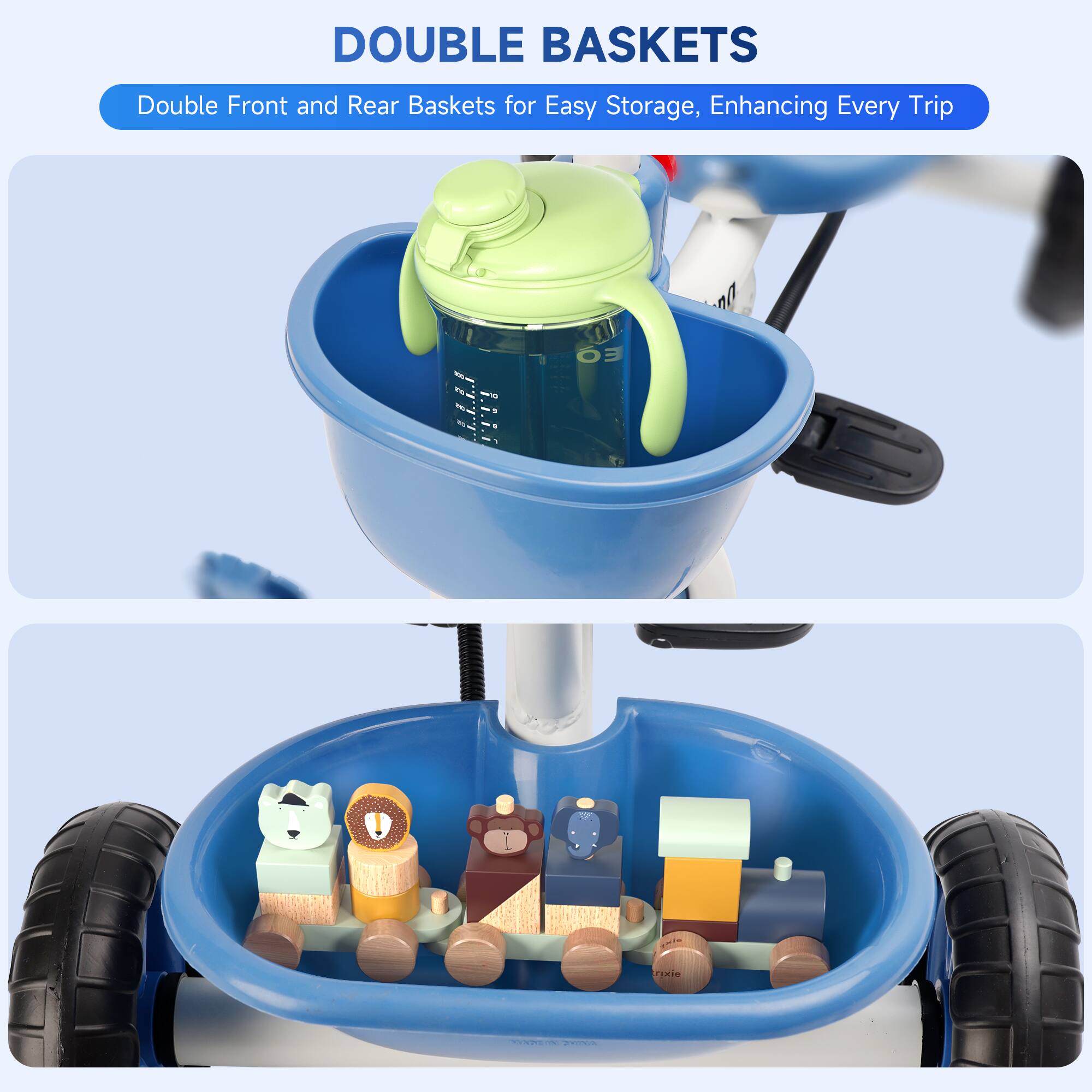 DOUBLE BASKETS  
Double Front and Rear Baskets for Easy Storage, Enhancing Every Trip