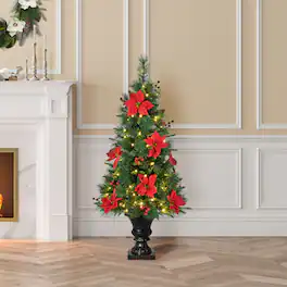 Glitzhome - 4ft Pre-Lit Pine Artificial Christmas Porch Tree with 100 Warm White Lights, Poinsettia and Red Berries - Green