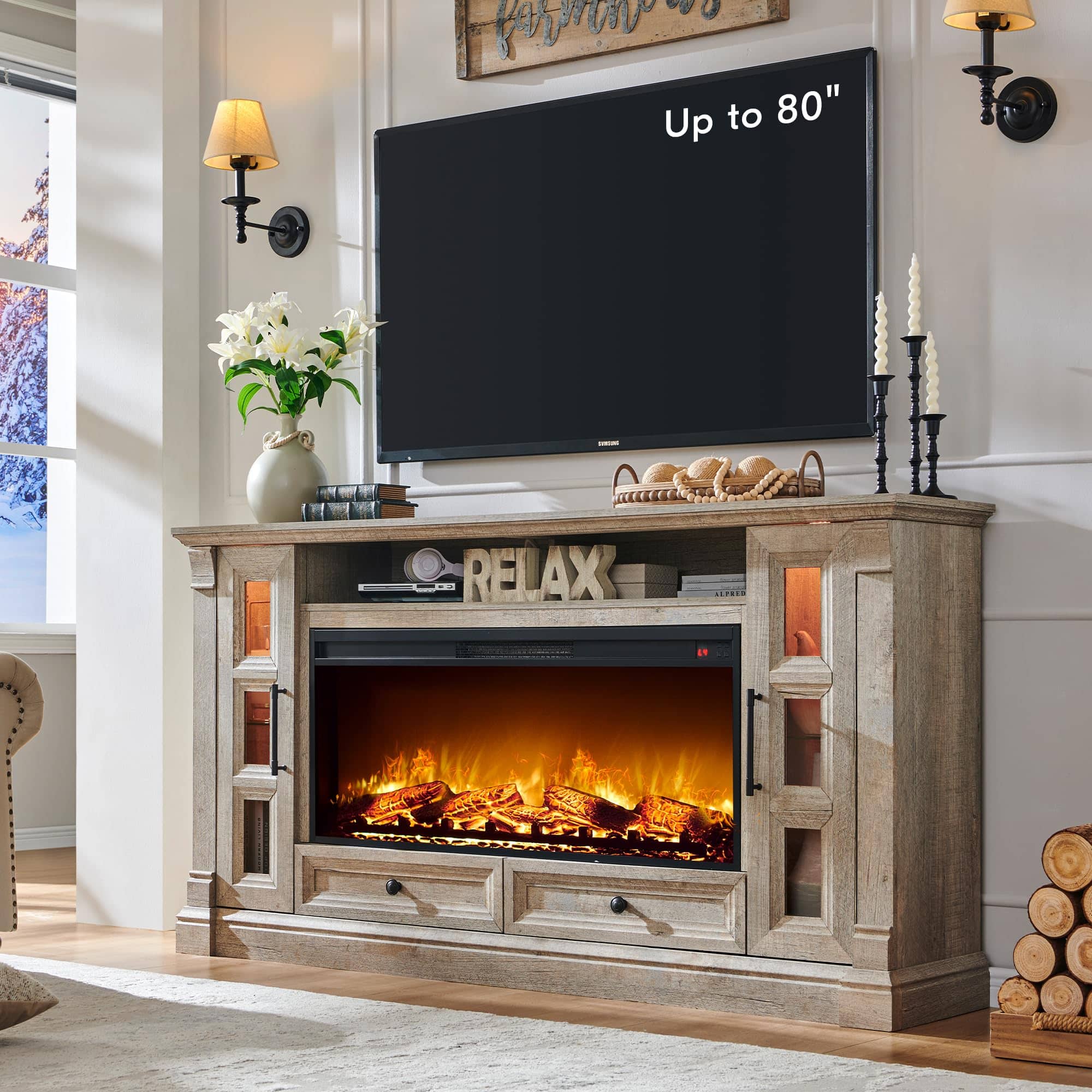 OMOMMD - 70" Fireplace TV Stand for 80" TVs, 42" Electric Fireplace, 36" Tall, Glass Cabinets - Light Rustic Oak