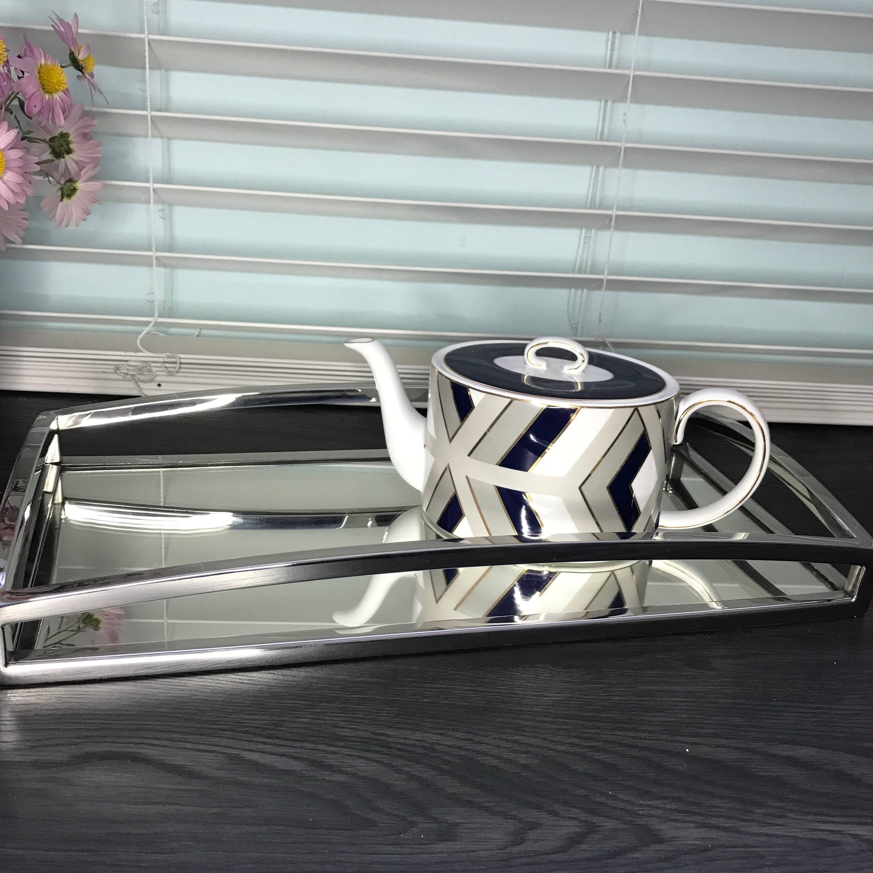Alt View 2. Jiallo - Silver Metallic Rectangular vanity tray with mirror 15.75 x 8" - Silver.