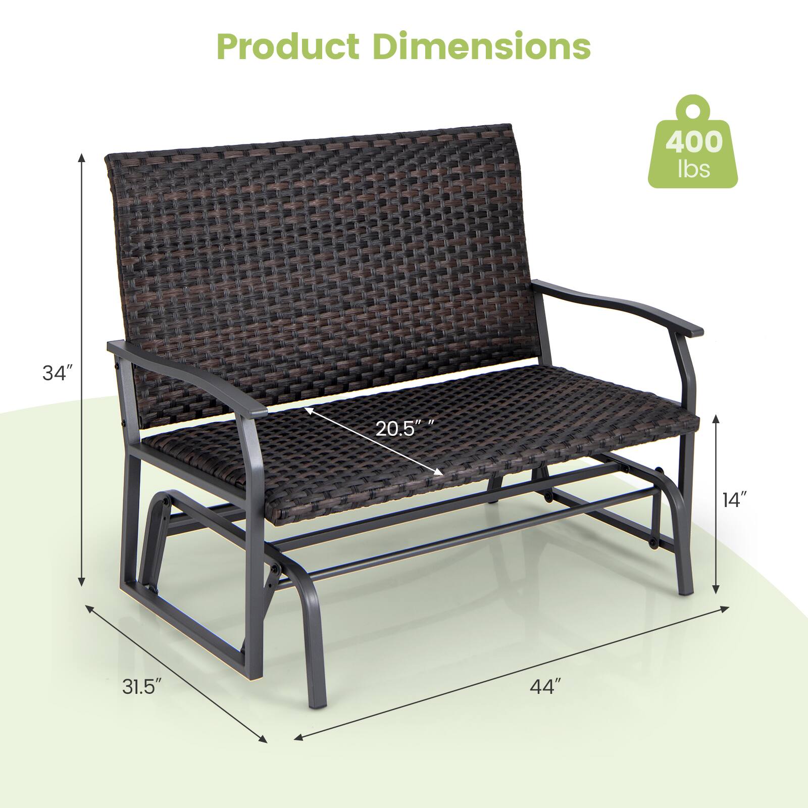 Product Dimensions
400 lbs
34"
20.5"
14"
31.5"
44"