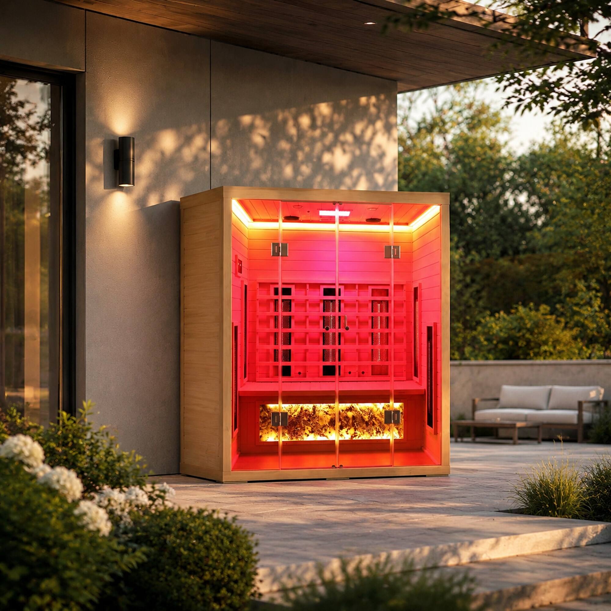 Angle. RYHNUYNE - 3 Person Hemlock Wood Far Infrared Sauna, Dry Heat, Low EMF Heaters, Digital Control Panel, Home Spa - Natural.