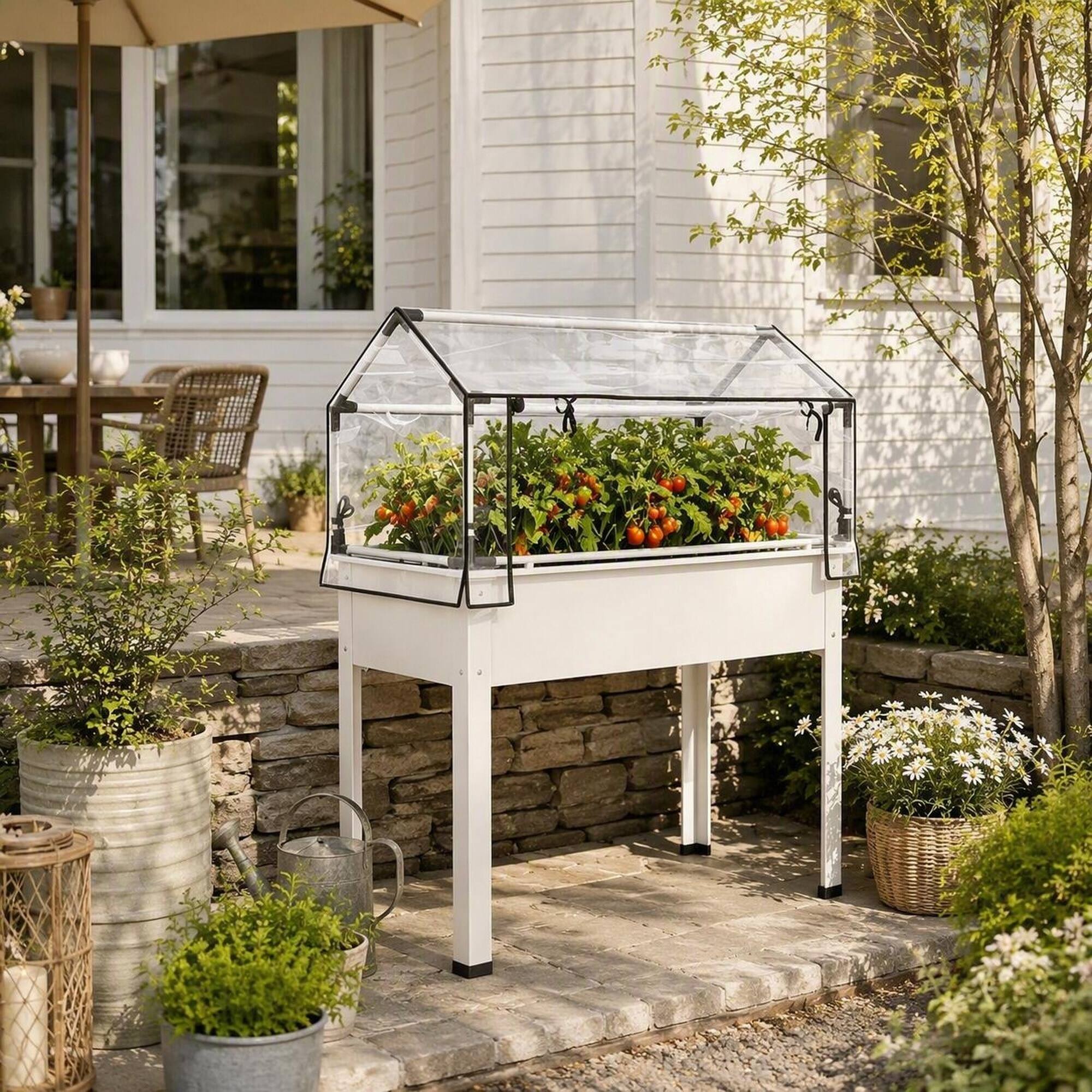 Left. RYHNUYNE - Raised Garden Bed with Greenhouse Cover, Elevated Tall Planter Box, White Powder-Coated Metal Frame - White.