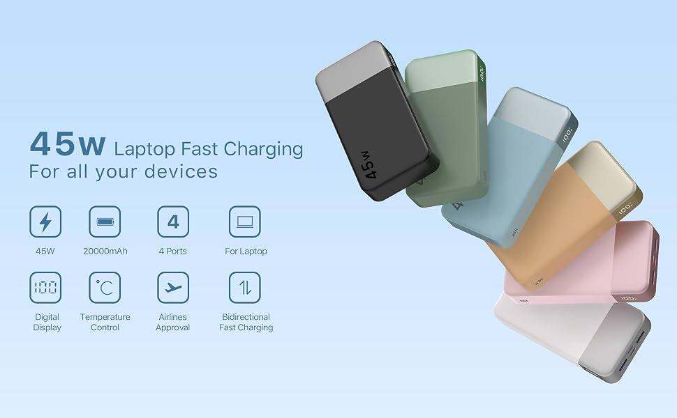 45W Laptop Fast Charging For all your devices

45W
20000mAh
4 Ports
For Laptop

Digital Temperature Display Control
Airlines Approval
Bidirectional Fast Charging