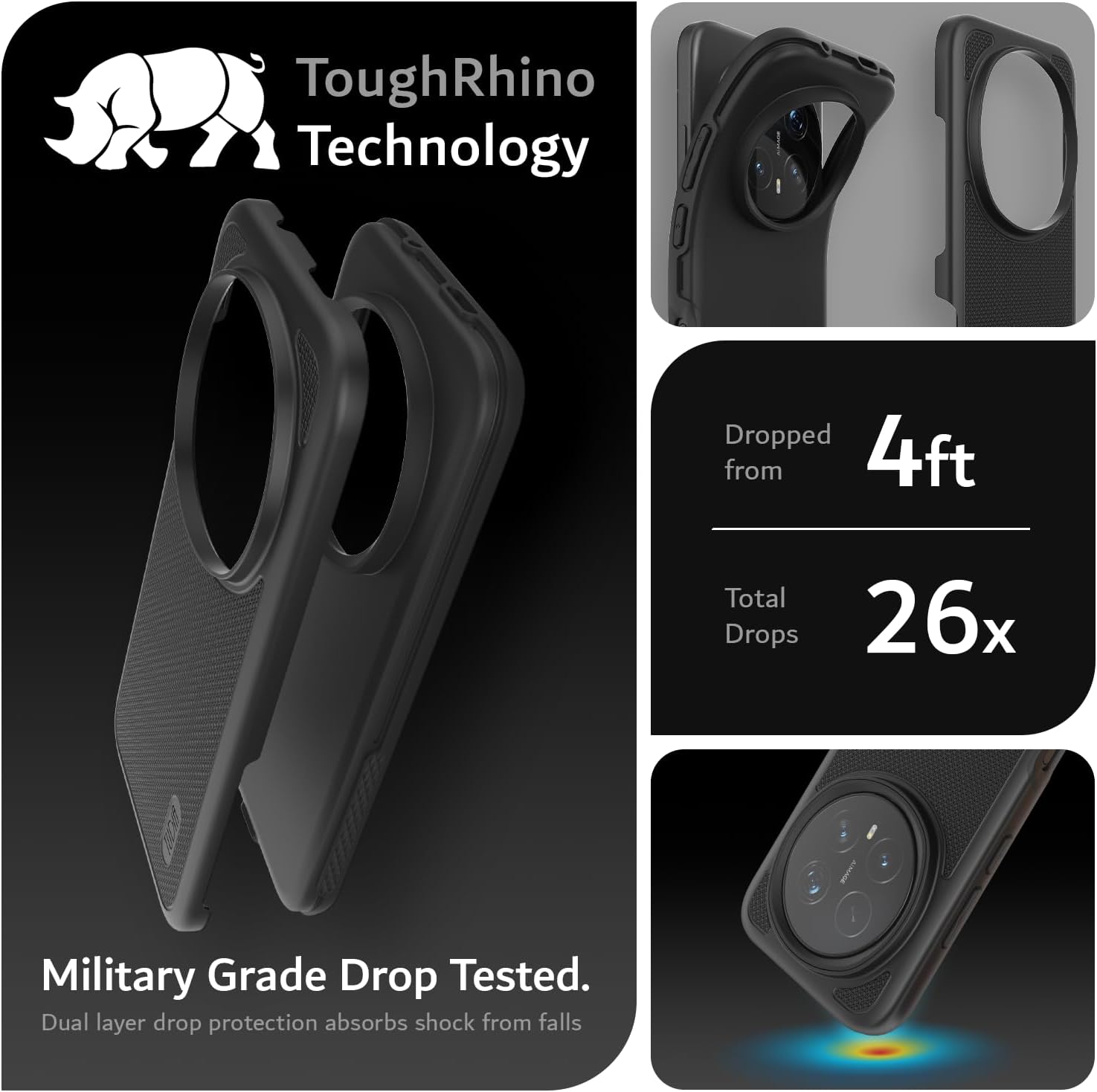 ToughRhino Technology

Dropped from 4ft
Total Drops 26x

Military Grade Drop Tested.
Dual layer drop protection absorbs shock from falls