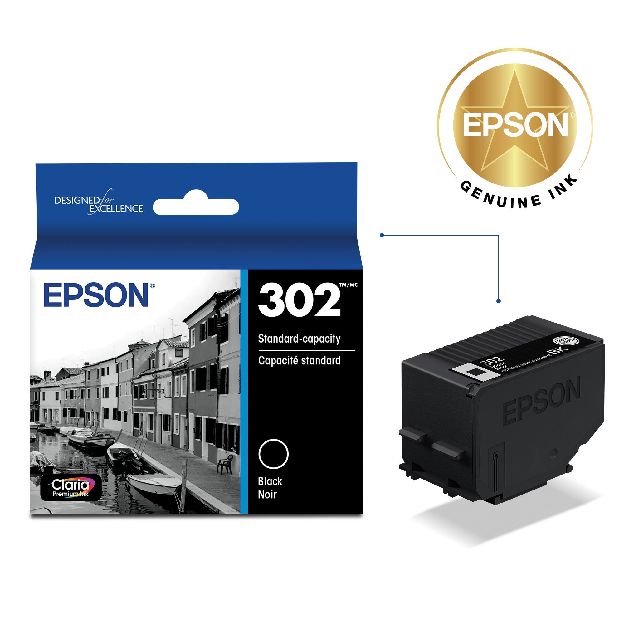 EPSON  
DESIGNED FOR EXCELLENCE  

EPSON  
302  
Standard-capacity  
Capacité standard  
Black  
Noir  

EPSON  
GENUINE INK  

Claria  
Premium Ink