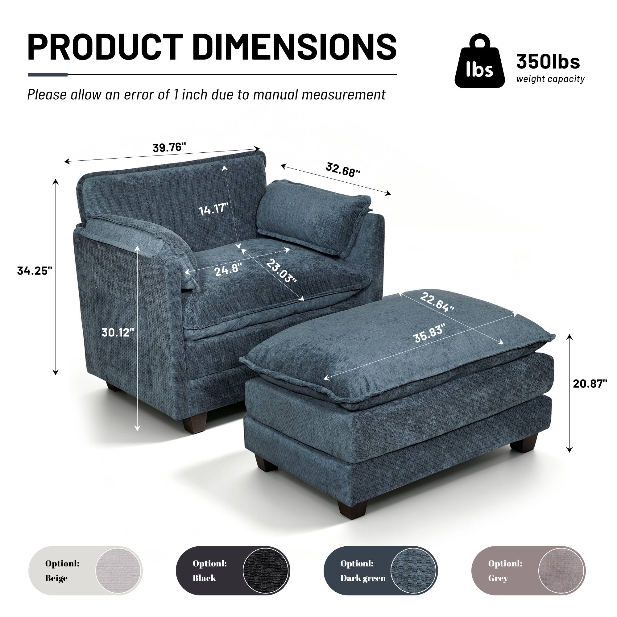 PRODUCT DIMENSIONS

Please allow an error of 1 inch due to manual measurement

350lbs weight capacity

39.76" A
32.68"
34.25" A
30.12"
24.8"
23.03"
22.64"
35.83"
20.87"

Option: Beige
Option: Black
Option: Dark green
Option: Grey