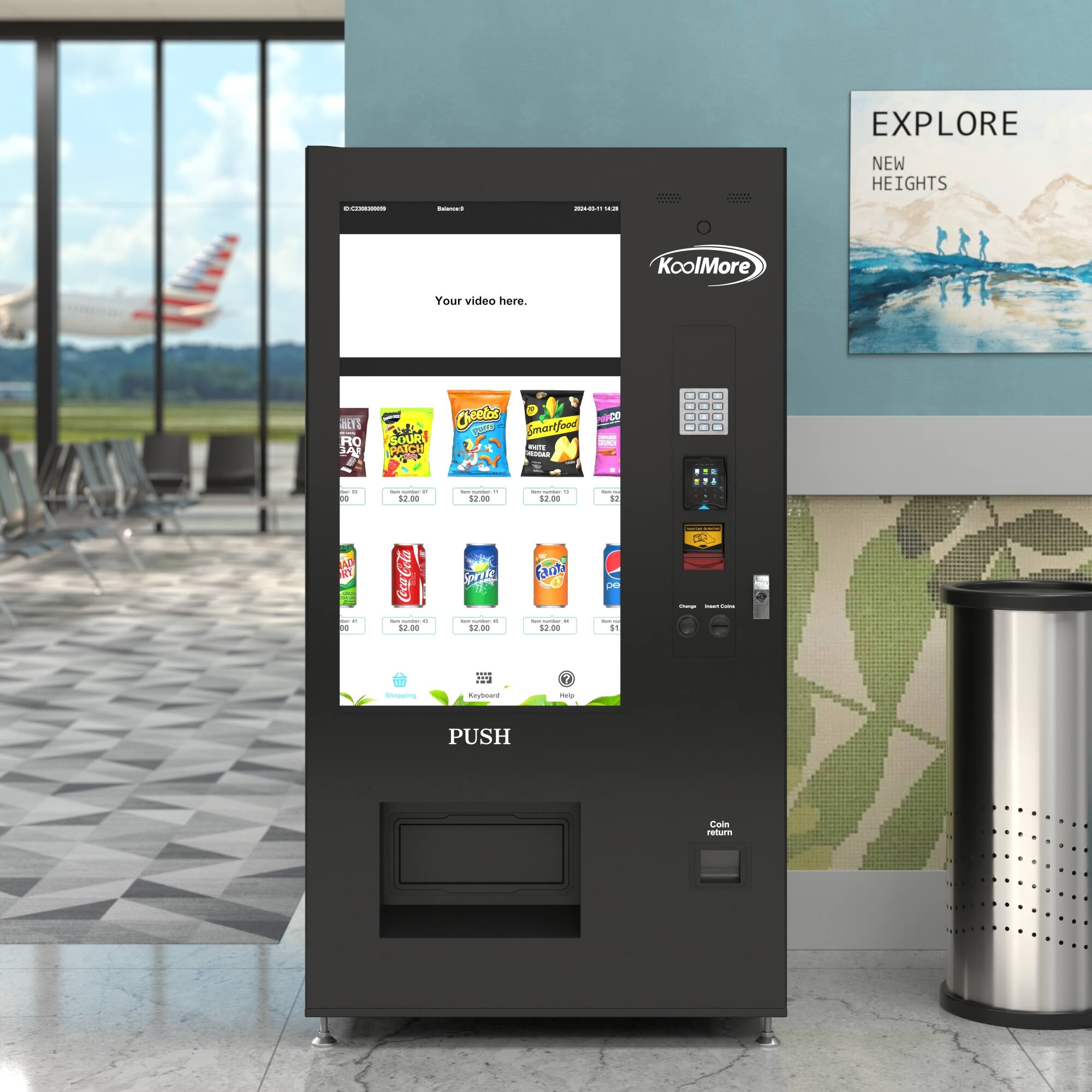 - EXPLORE NEW HEIGHTS
- KoolMore
- Your video here.
- Smartfood
- Coca-Cola
- Sprite
- Pepsi
- Coin return
- PUSH